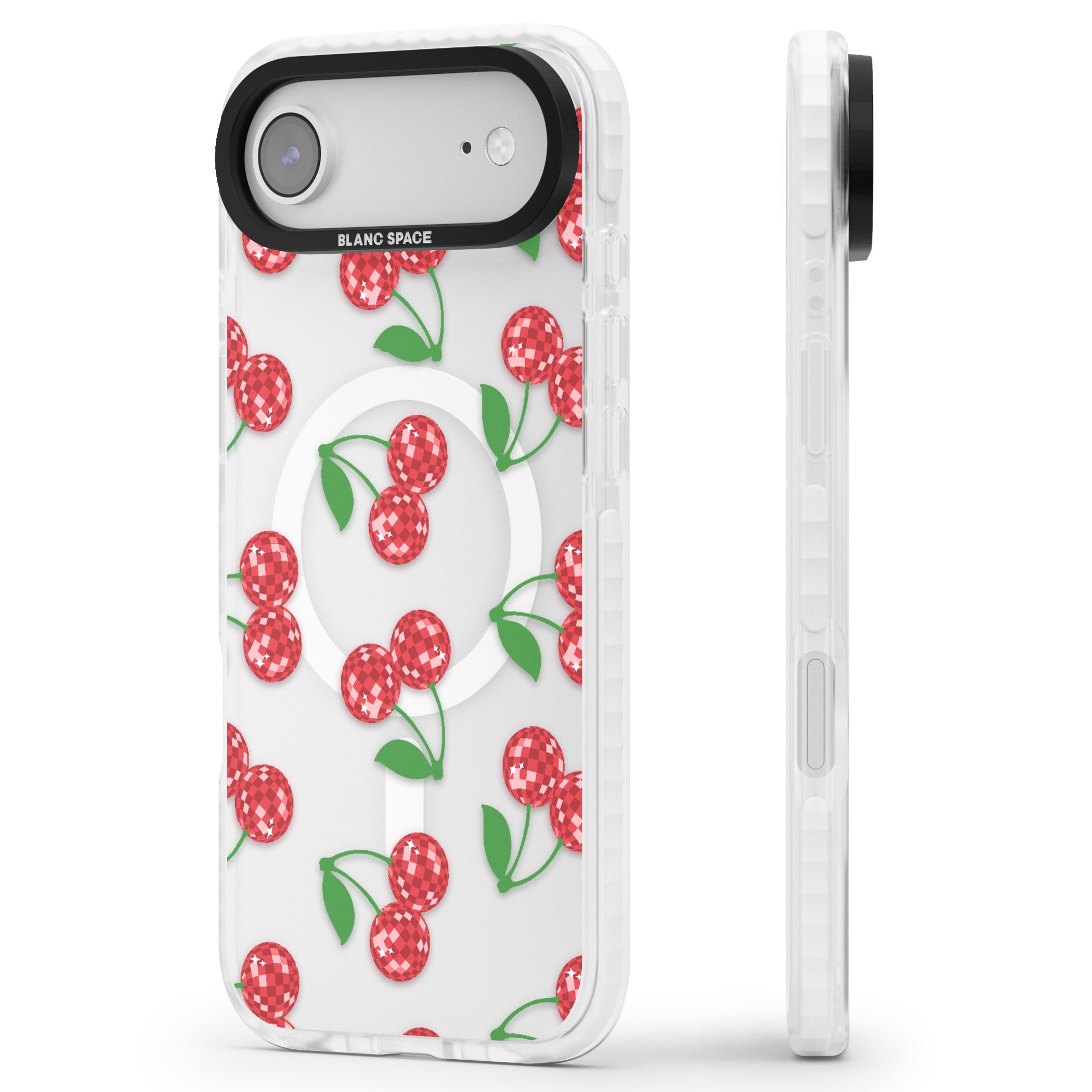 Disco Cherry Pattern iPhone 17 Air Impact Pro Clear Phone Case Side Profile