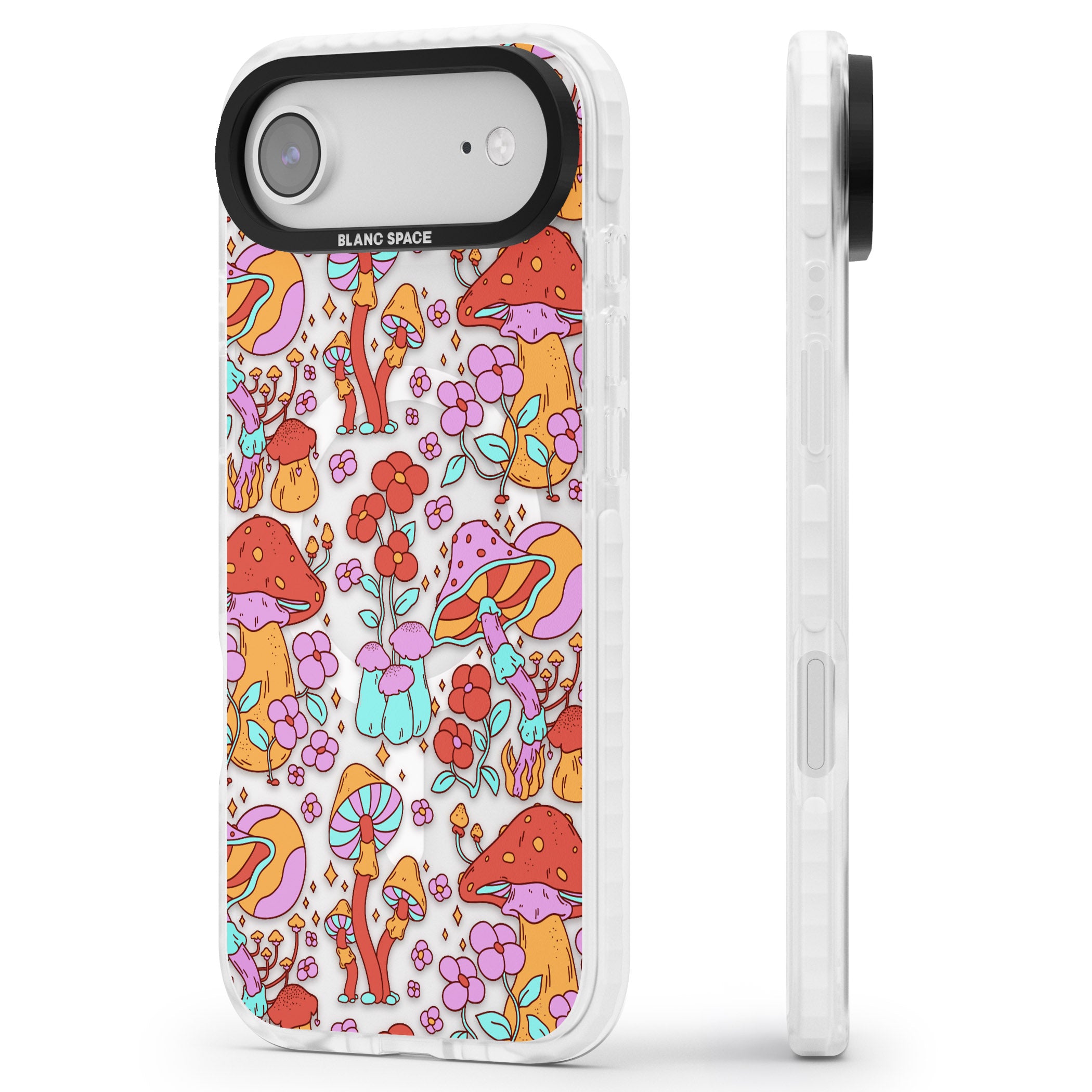 Psychedelic Flowers & Mushrooms iPhone 17 Air Impact Pro Clear Phone Case Side Profile