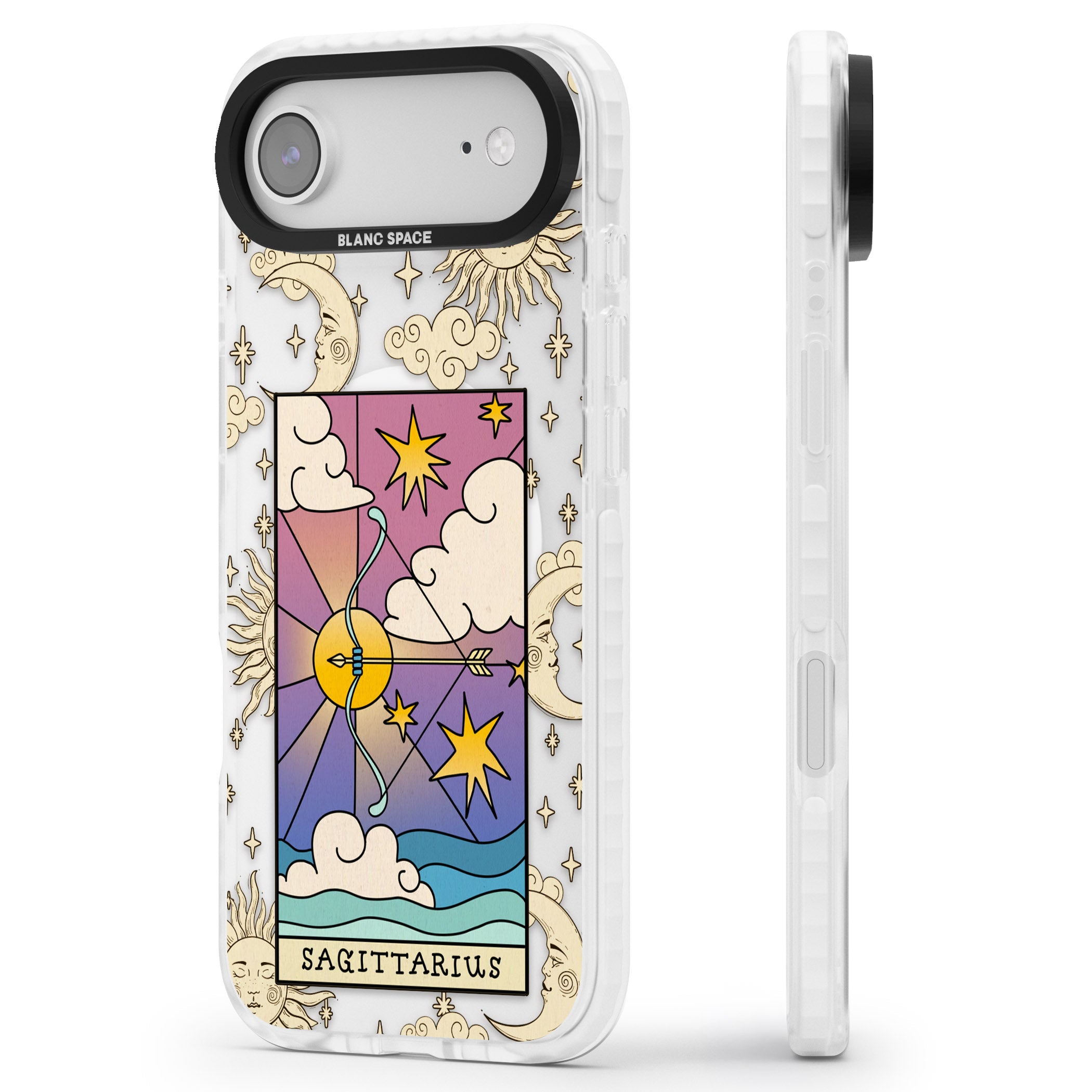 Celestial Zodiac Sagittarius iPhone 17 Air Impact Pro Clear Phone Case Side Profile