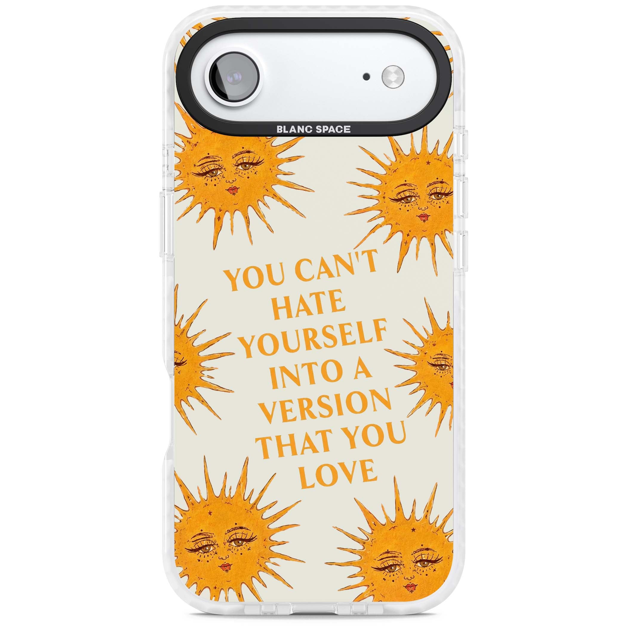 Don't Hate Yourself celestial iPhone case featuring vintage sun faces, ochre rays and a self-love quote | Impact Magsafe case for iPhone Air