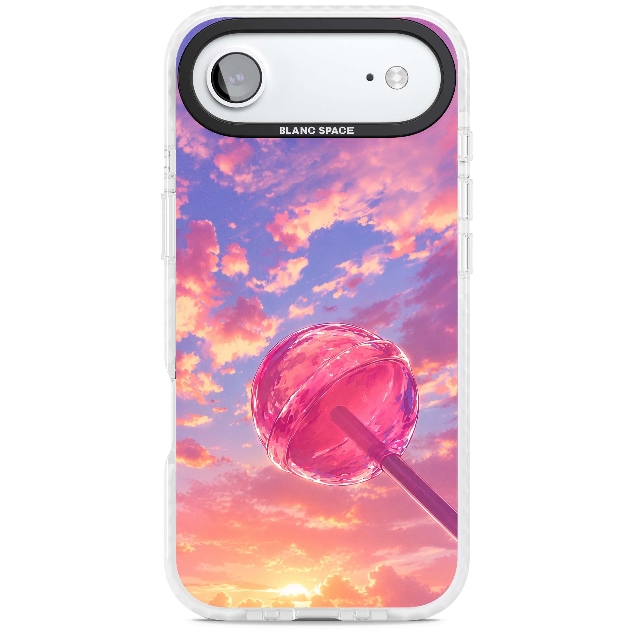 Sugar Sunset candy aesthetic iPhone case featuring a pink lollipop, pastel sunset sky and dreamy clouds | Impact Magsafe case for iPhone Air