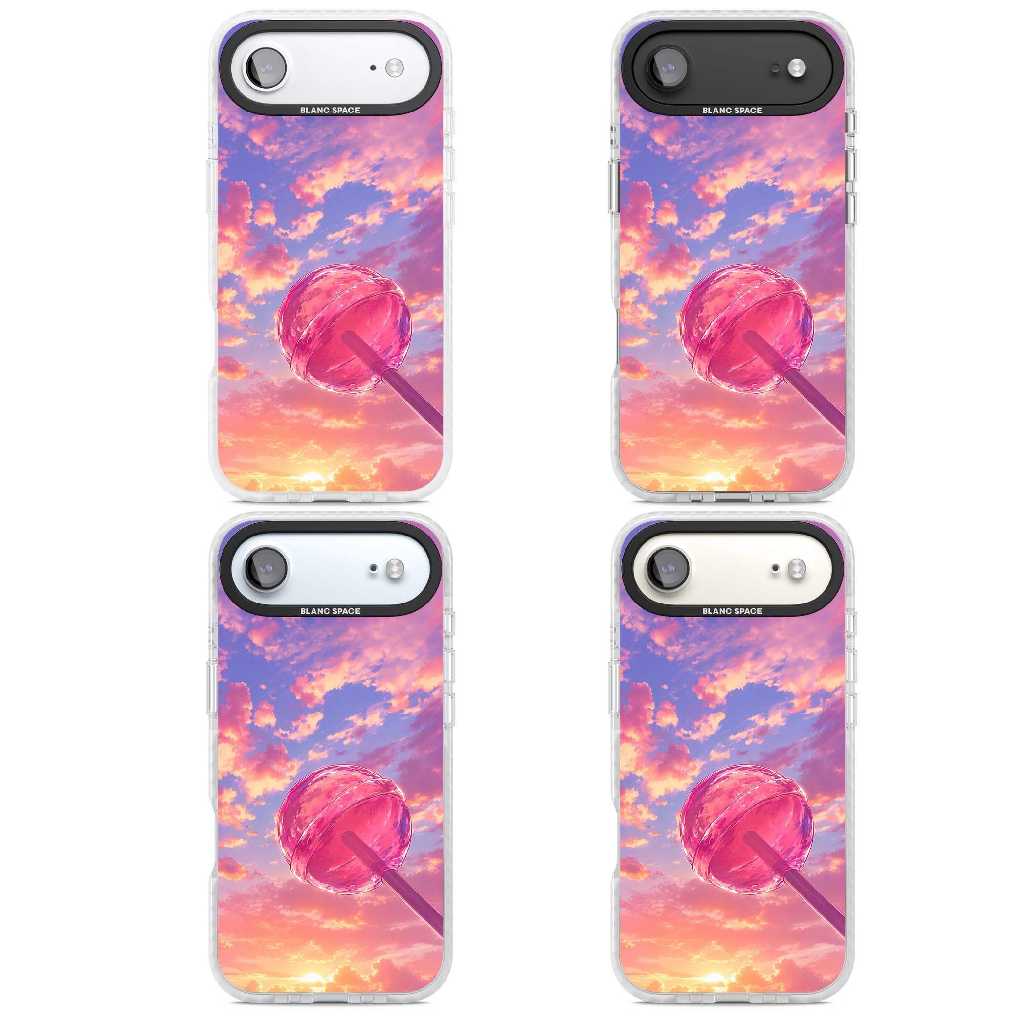 Sugar Sunset candy aesthetic iPhone case featuring a pink lollipop, pastel sunset sky and dreamy clouds | Impact Magsafe case for iPhone Air