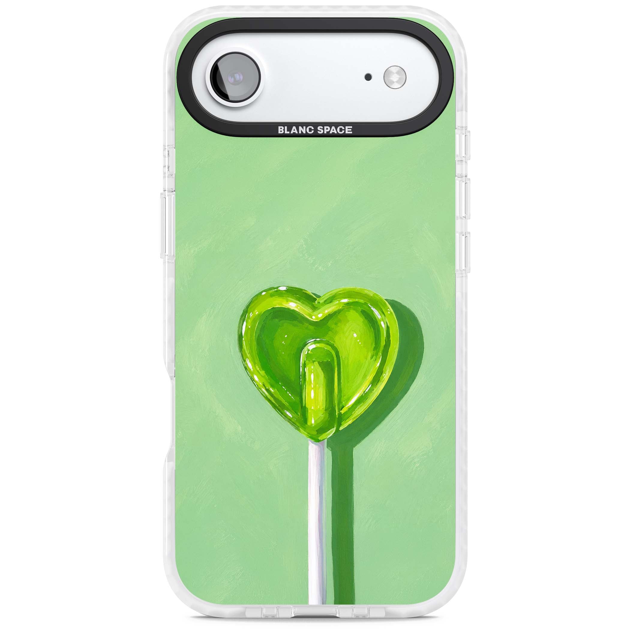 Green Lollipop candy art iPhone case featuring a glossy green heart-shaped lollipop on a painted pastel green background | Impact Magsafe case for iPhone Air