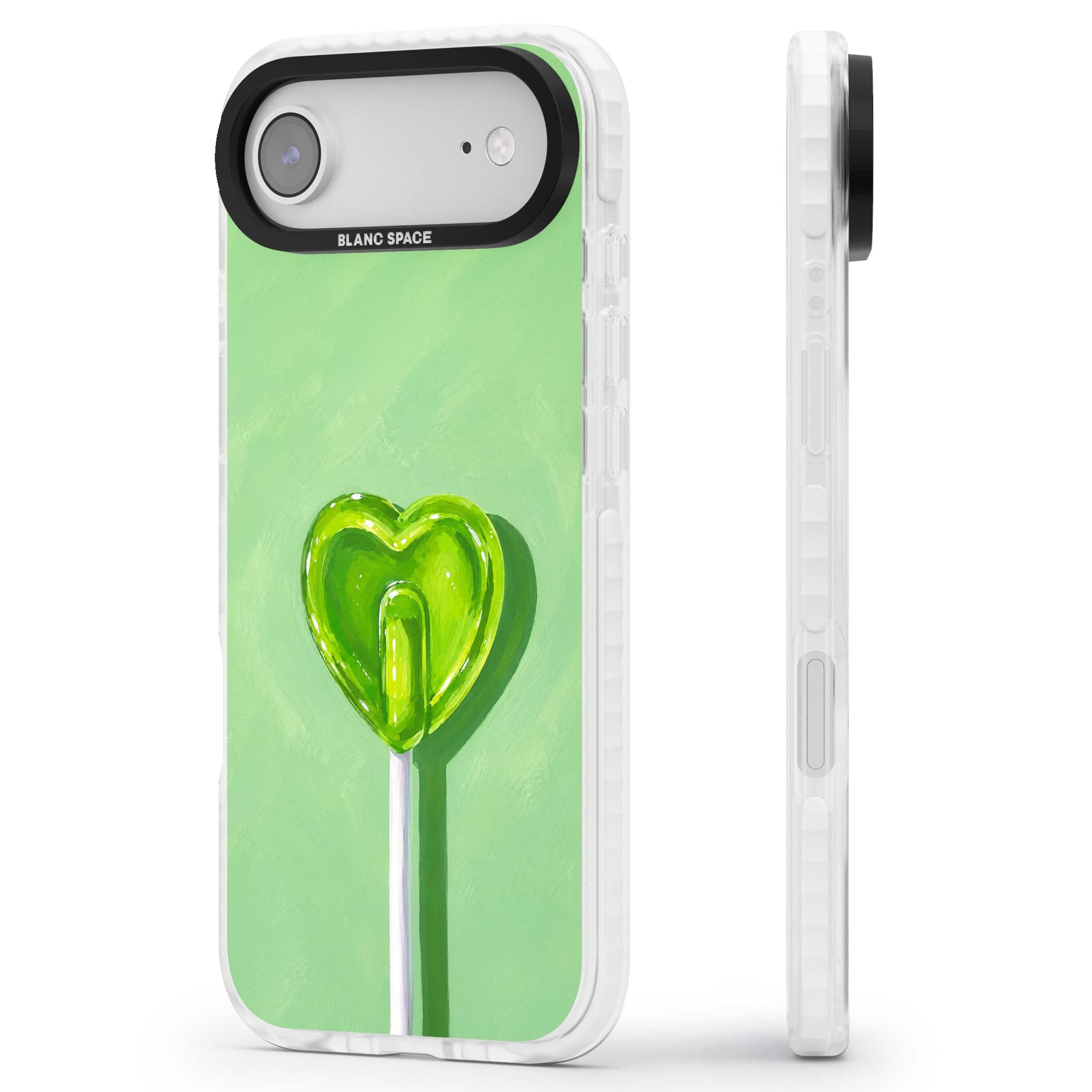 Green Lollipop candy art iPhone case featuring a glossy green heart-shaped lollipop on a painted pastel green background | Impact Magsafe case for iPhone Air