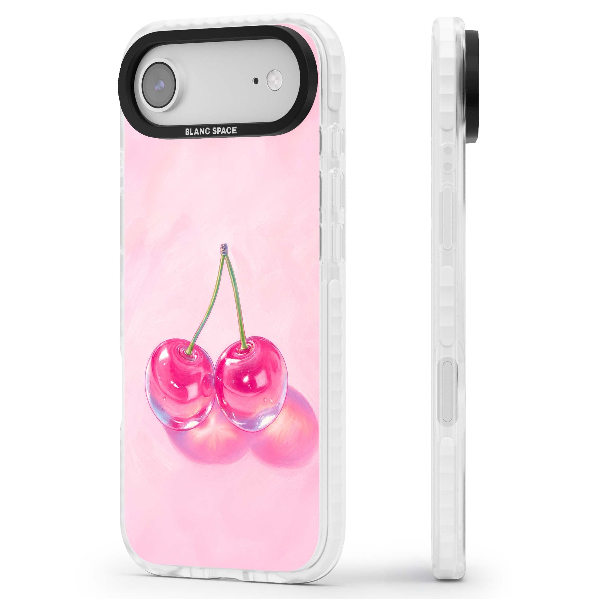 Pink Glass Cherry coquette iPhone case featuring two glossy painted cherries on a soft pink background | Impact Magsafe case for iPhone Air