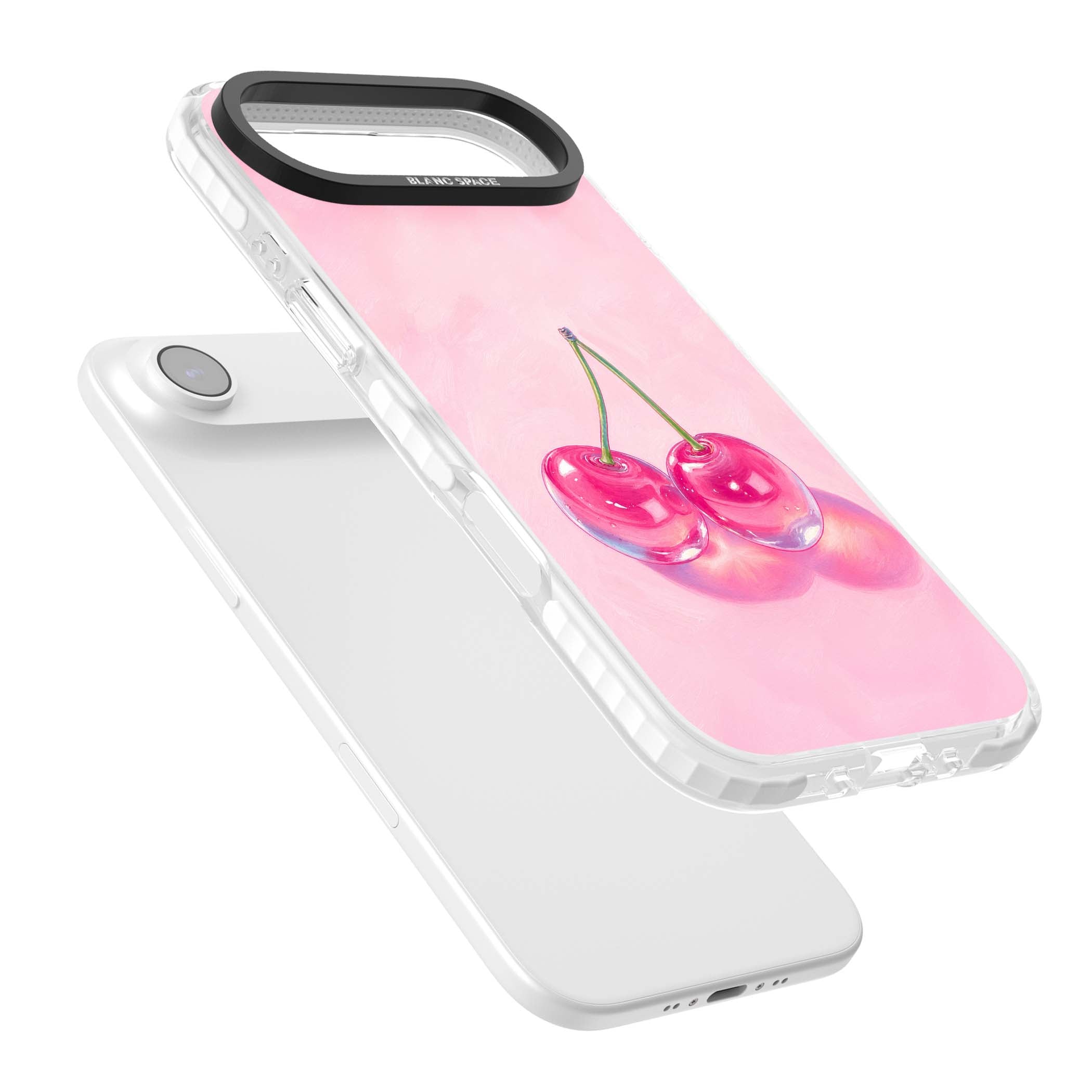 Pink Glass Cherry coquette iPhone case featuring two glossy painted cherries on a soft pink background | Impact Magsafe case for iPhone Air