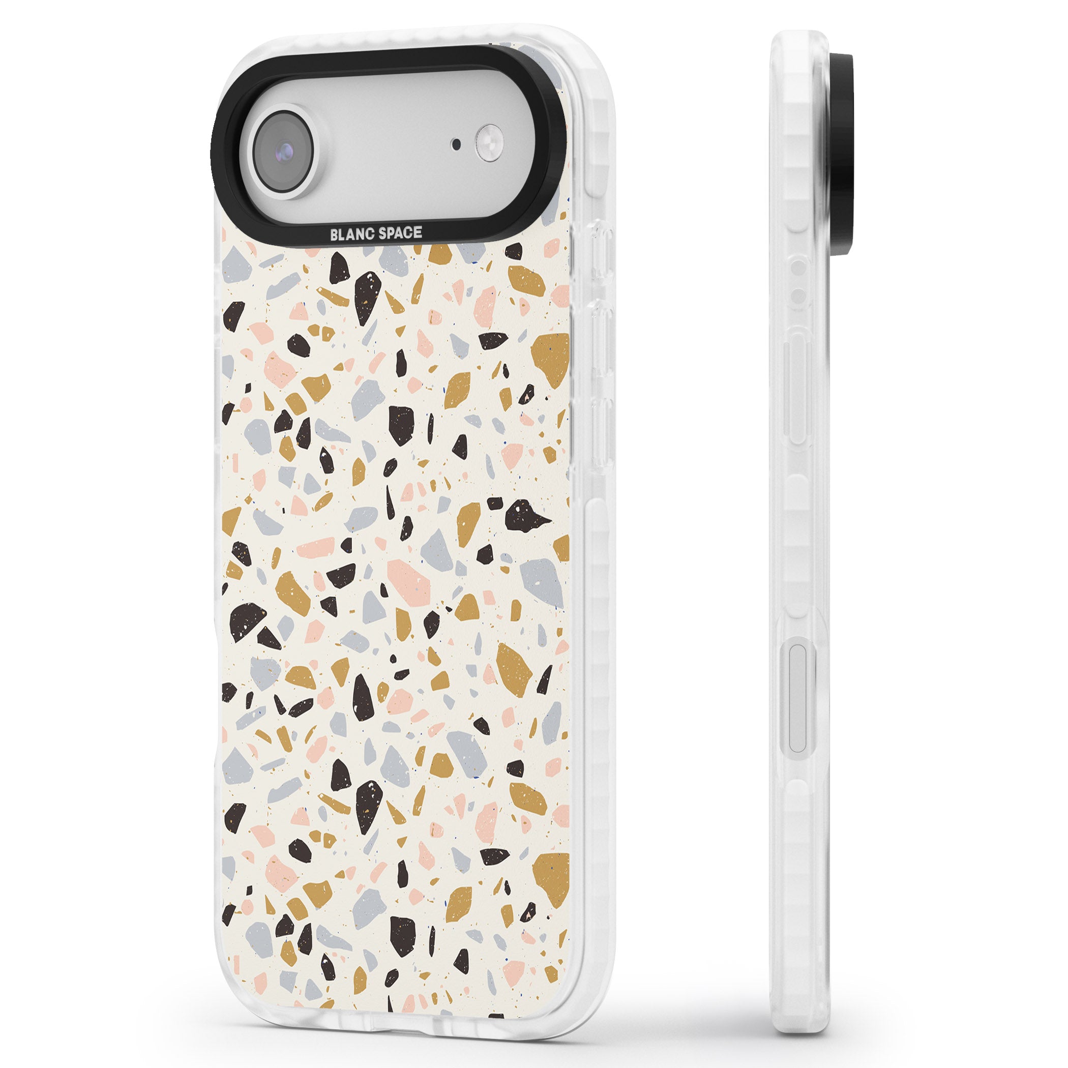 Pale Pink, Blue, & Mocha Terrazzo Pattern iPhone 17 Air Impact Pro Clear Phone Case Side Profile