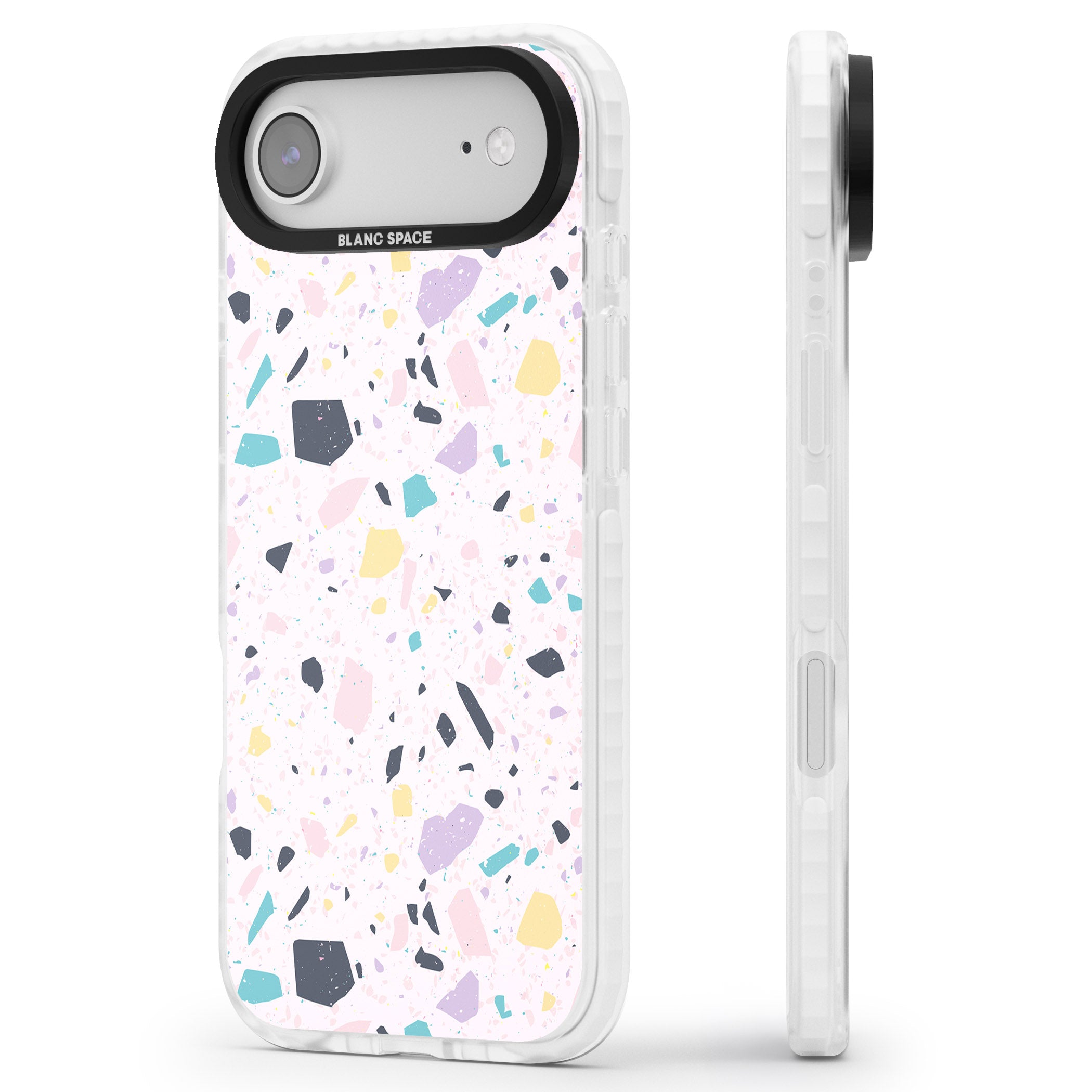 Pink, Purple & Turquoise Terrazzo Pattern iPhone 17 Air Impact Pro Clear Phone Case Side Profile