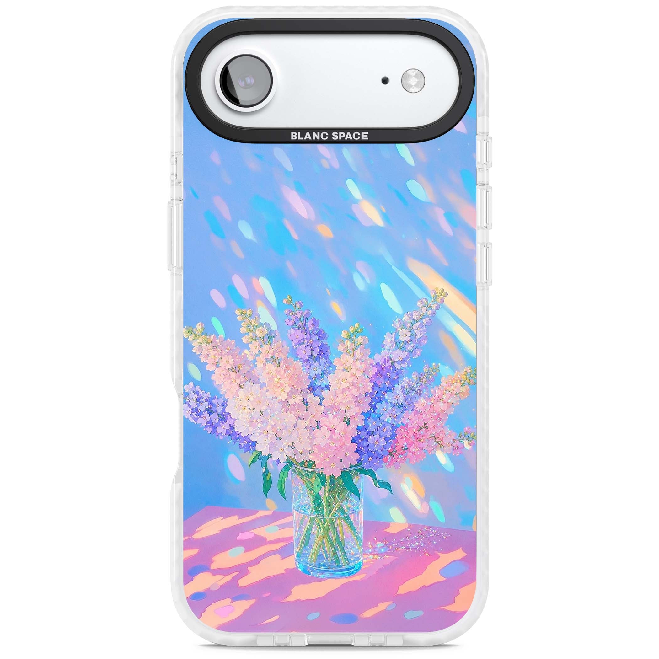 Bubblegum Flowers floral iPhone case featuring pastel lilac and pink bouquet in a glass vase with iridescent light | Impact Magsafe case for iPhone Air