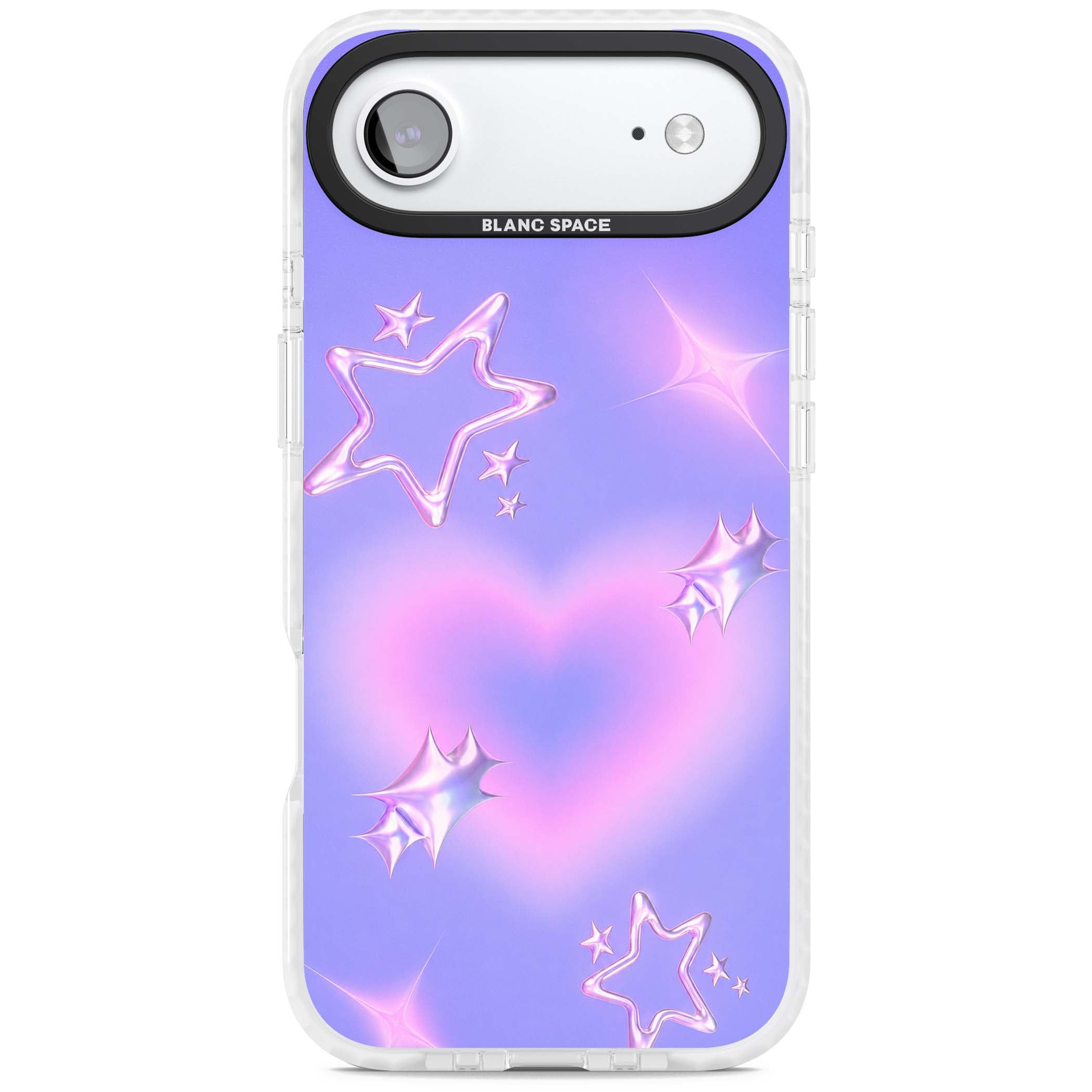 Soft Sugar Y2K iPhone case featuring iridescent chrome hearts, metallic pink stars and a lavender gradient sky | Impact Magsafe case for iPhone Air