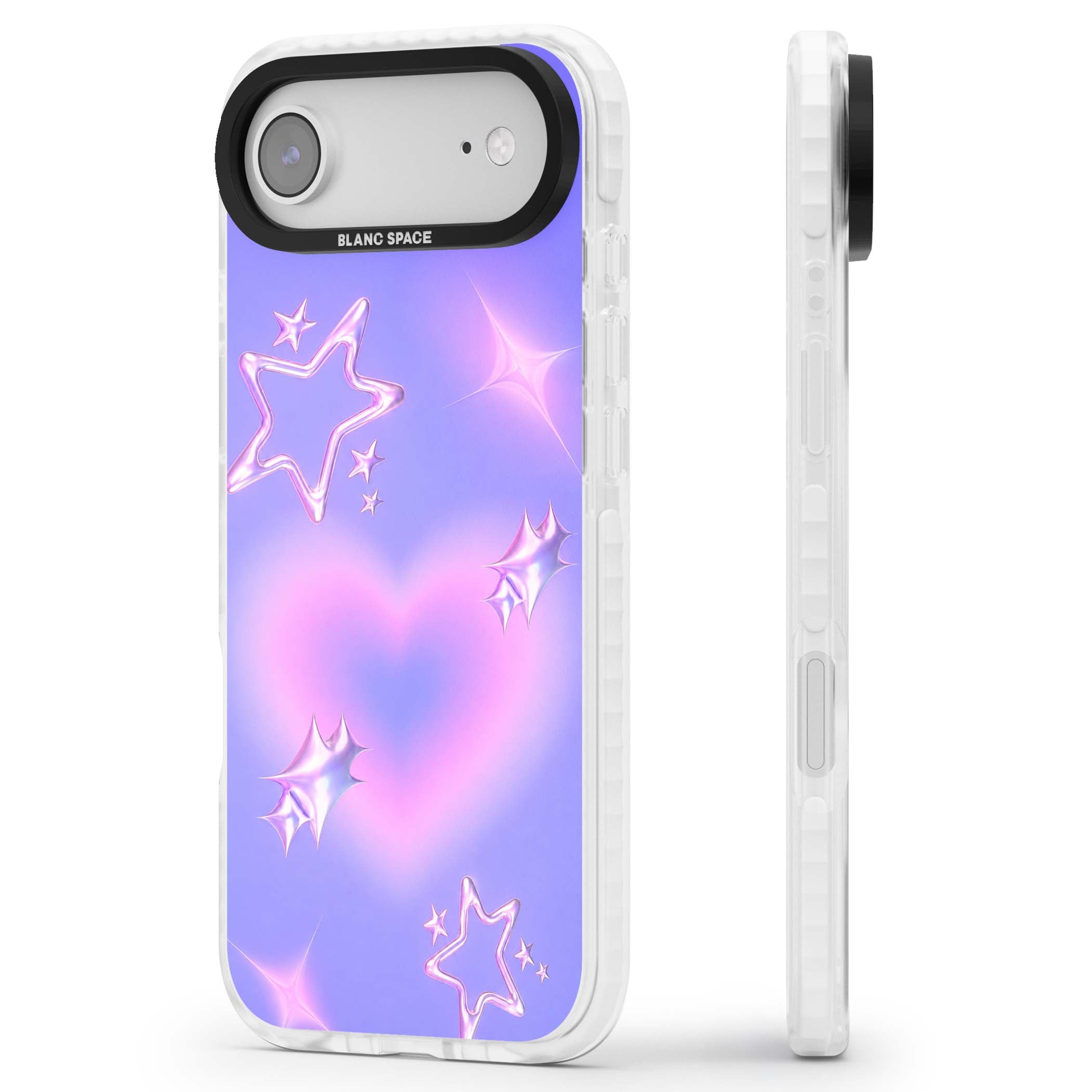 Soft Sugar Y2K iPhone case featuring iridescent chrome hearts, metallic pink stars and a lavender gradient sky | Impact Magsafe case for iPhone Air