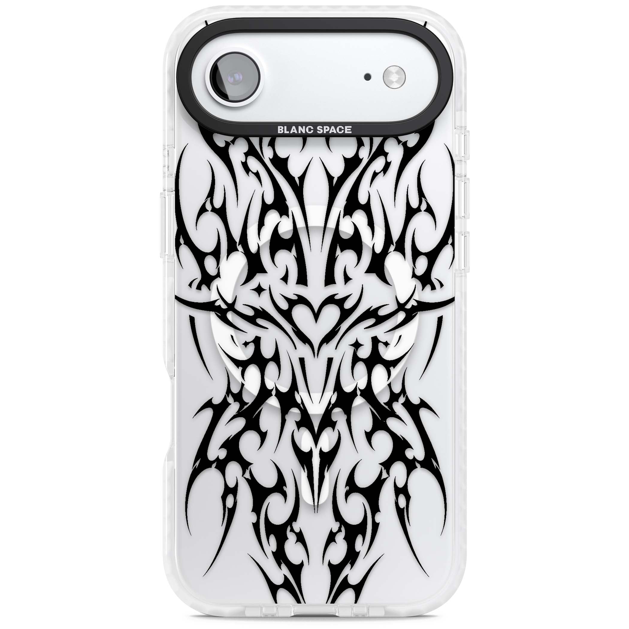 Neo Tribal Heart gothic iPhone case featuring symmetrical black tribal tattoo art with sharp thorn-like linework | Impact Magsafe case for iPhone Air