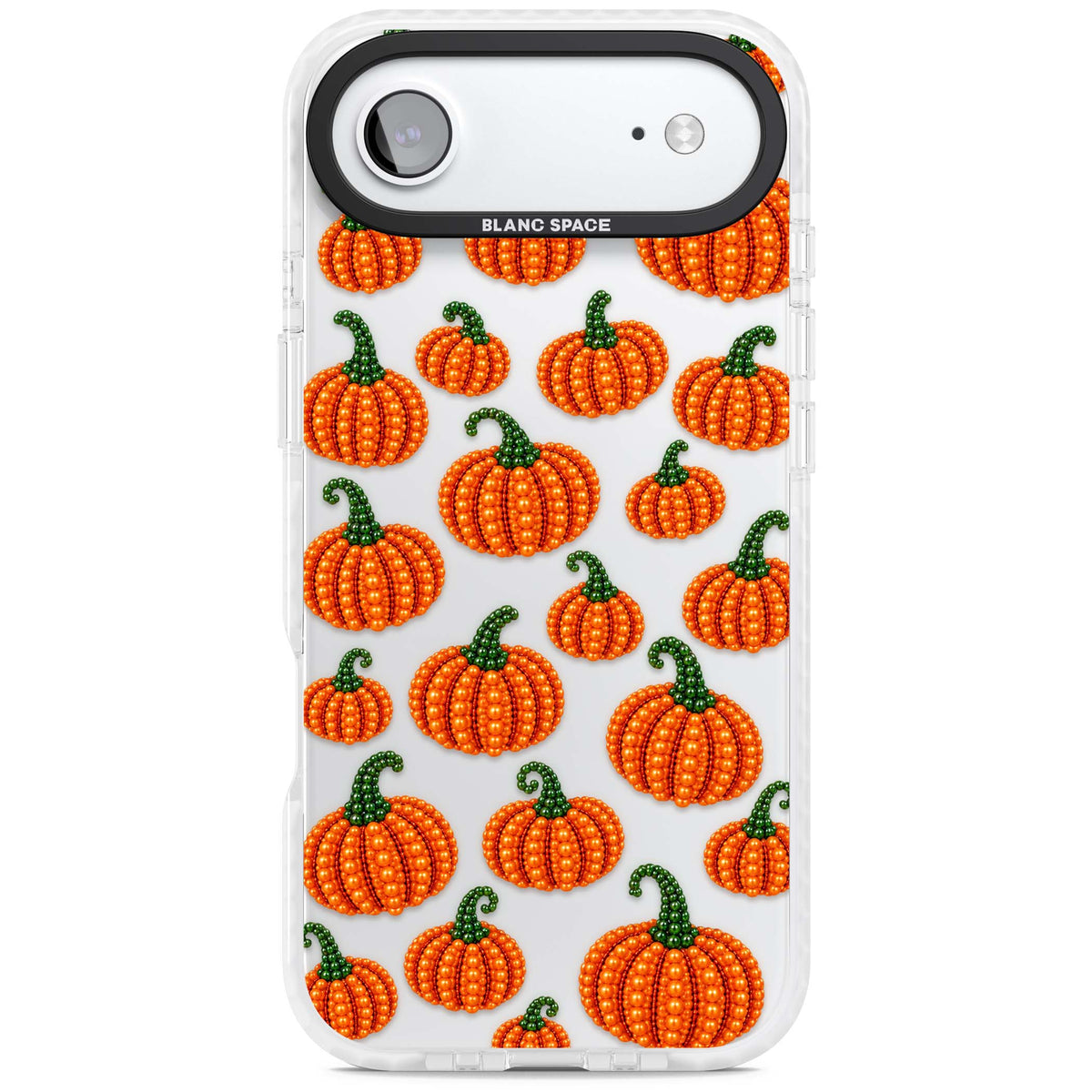 Beaded Pumpkins halloween iPhone case featuring beaded orange pumpkins with green stems on a clear background | Black Impact case for iPhone Air