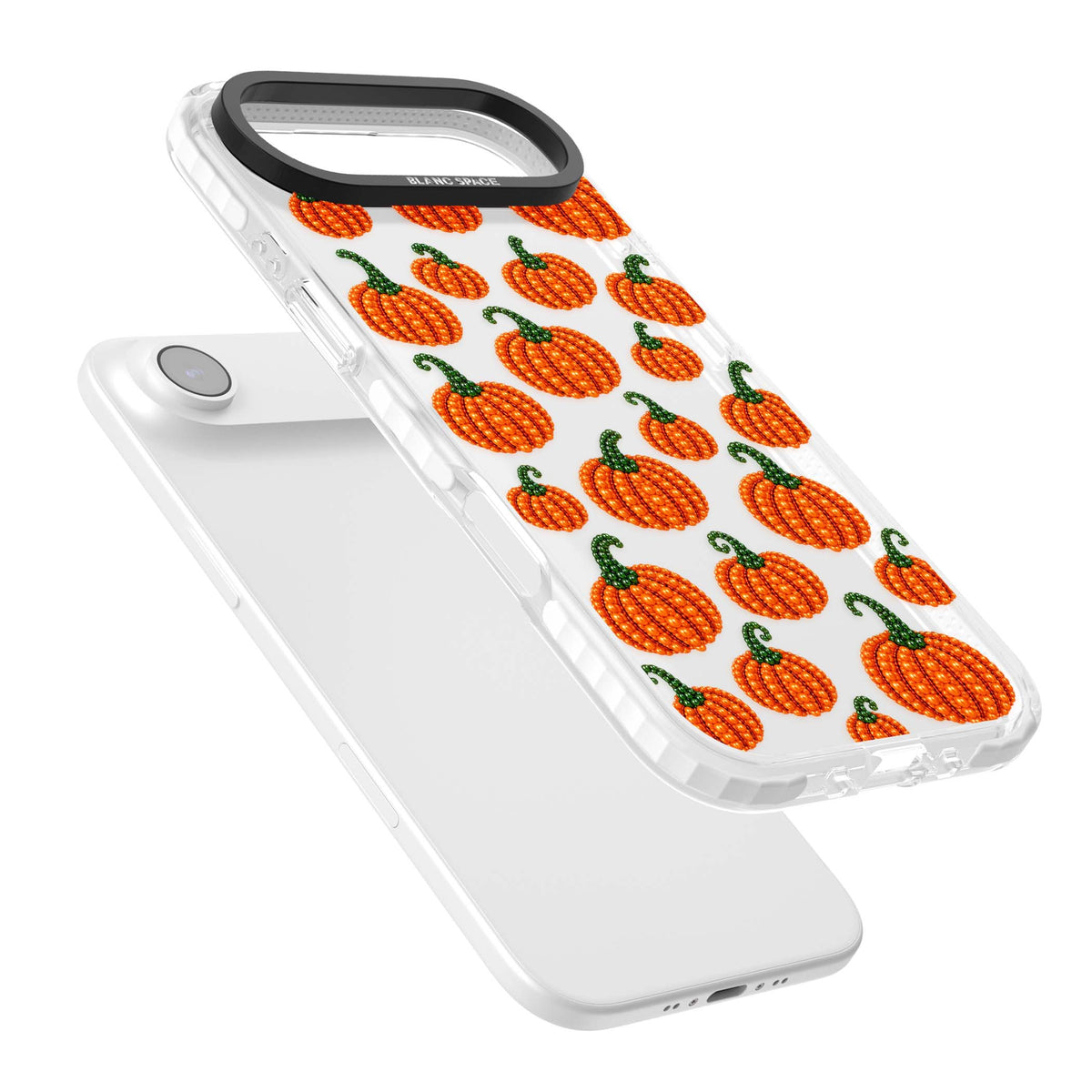 Beaded Pumpkins halloween iPhone case featuring beaded orange pumpkins with green stems on a clear background | Black Impact case for iPhone Air