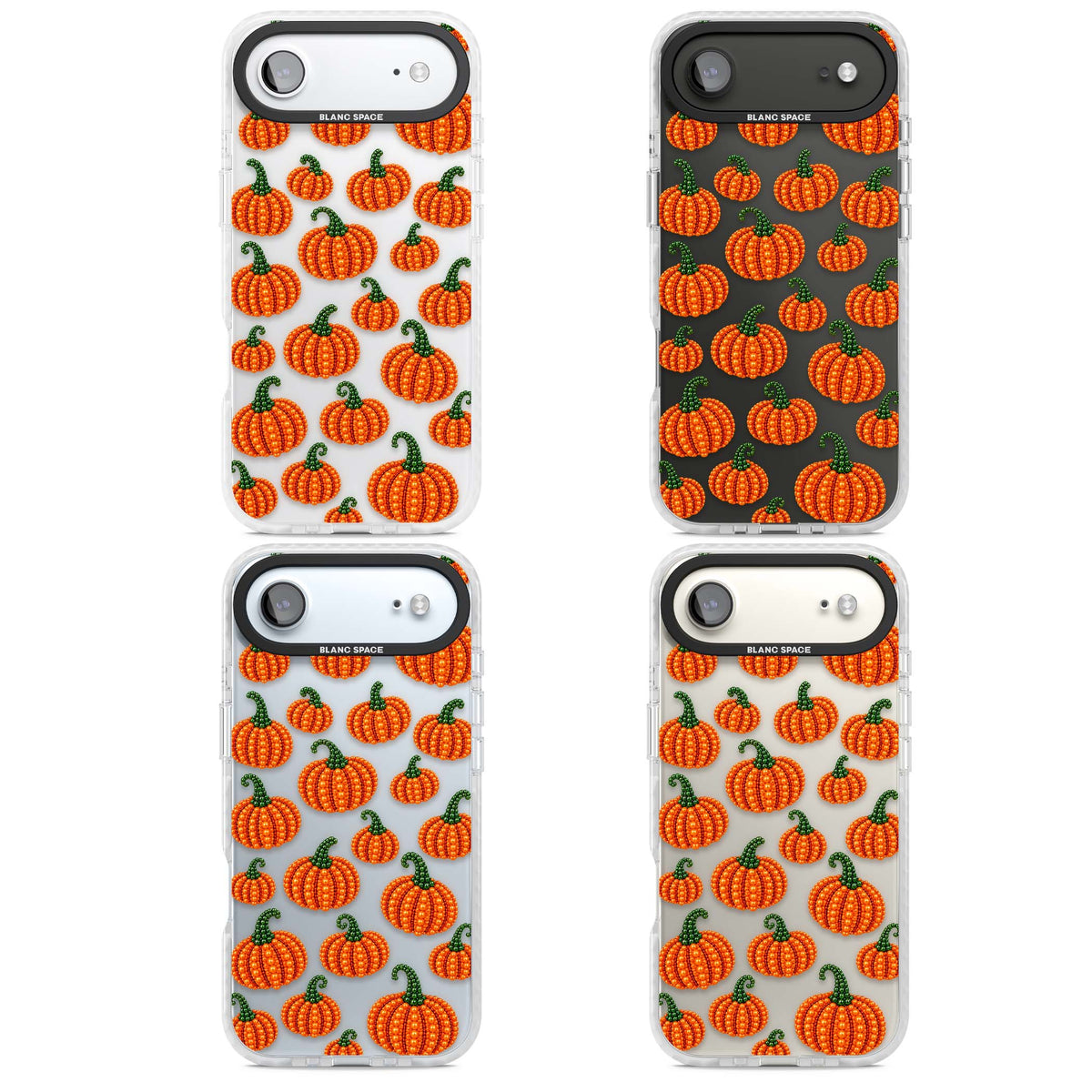 Beaded Pumpkins halloween iPhone case featuring beaded orange pumpkins with green stems on a clear background | Black Impact case for iPhone Air