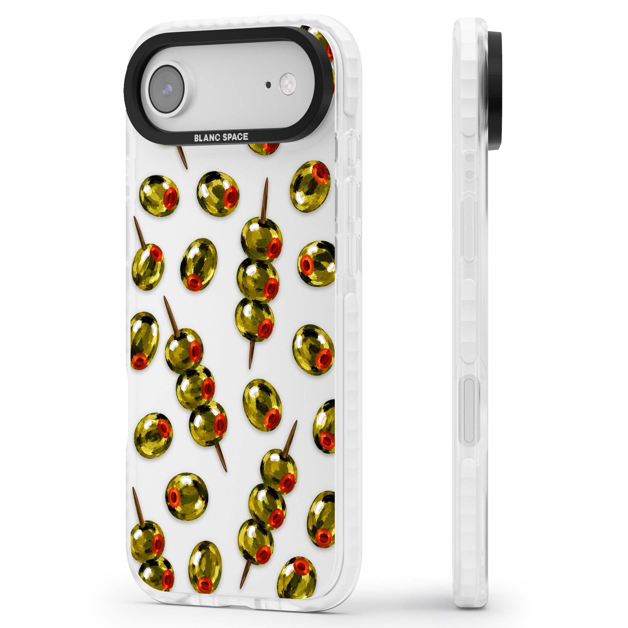 Painted Olives cocktail iPhone case featuring green olives, pimento centres and toothpick skewers on a clear background | Black Impact case for iPhone Air