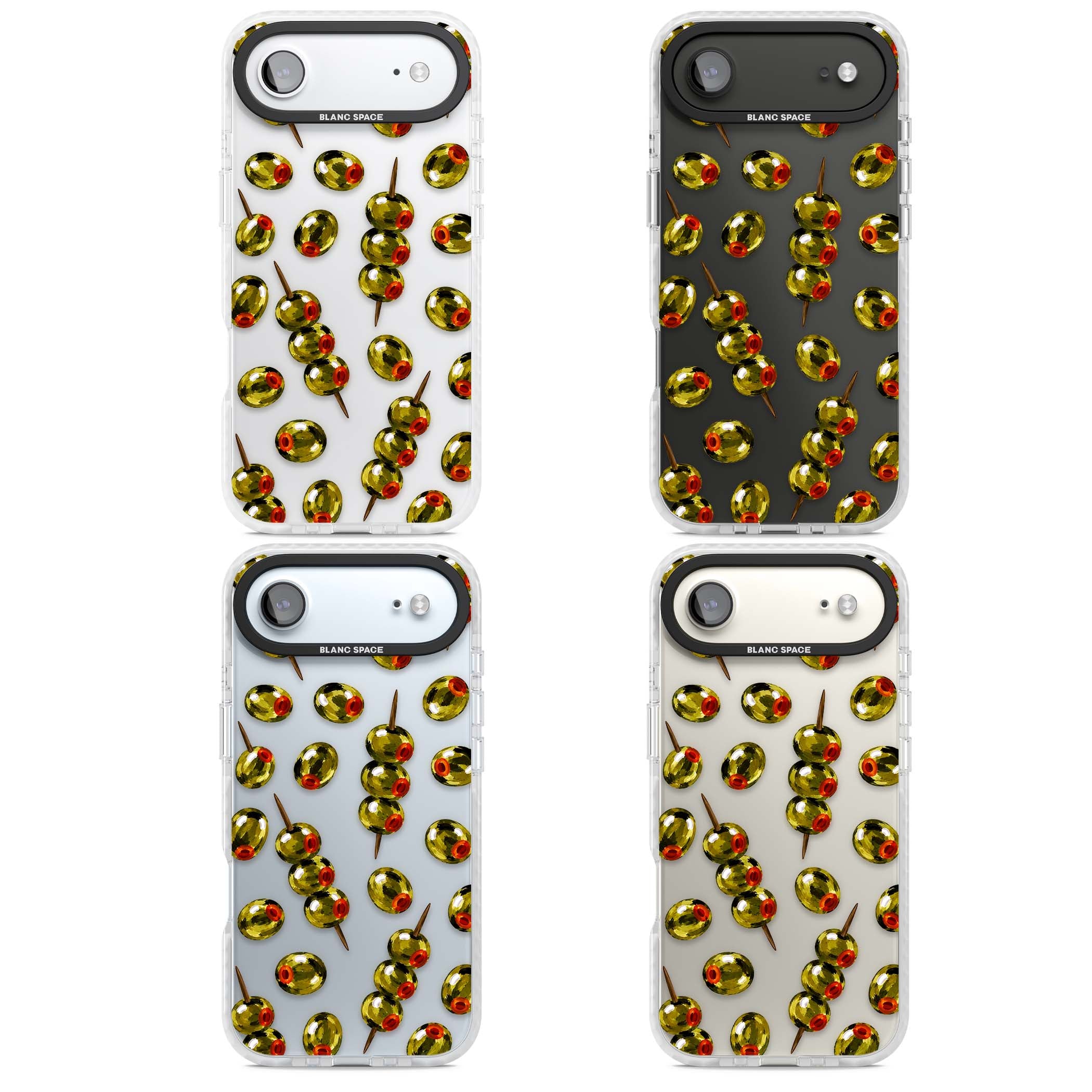 Painted Olives cocktail iPhone case featuring green olives, pimento centres and toothpick skewers on a clear background | Black Impact case for iPhone Air