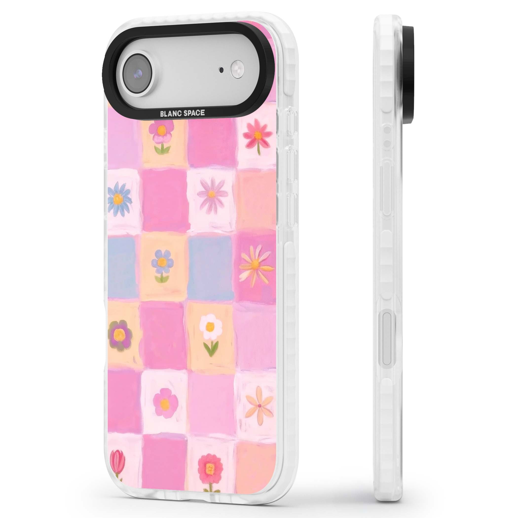 Pastel Flower Patchwork cottagecore iPhone case featuring painted pink and lilac squares with daisies and wildflowers | Black Impact case for iPhone Air