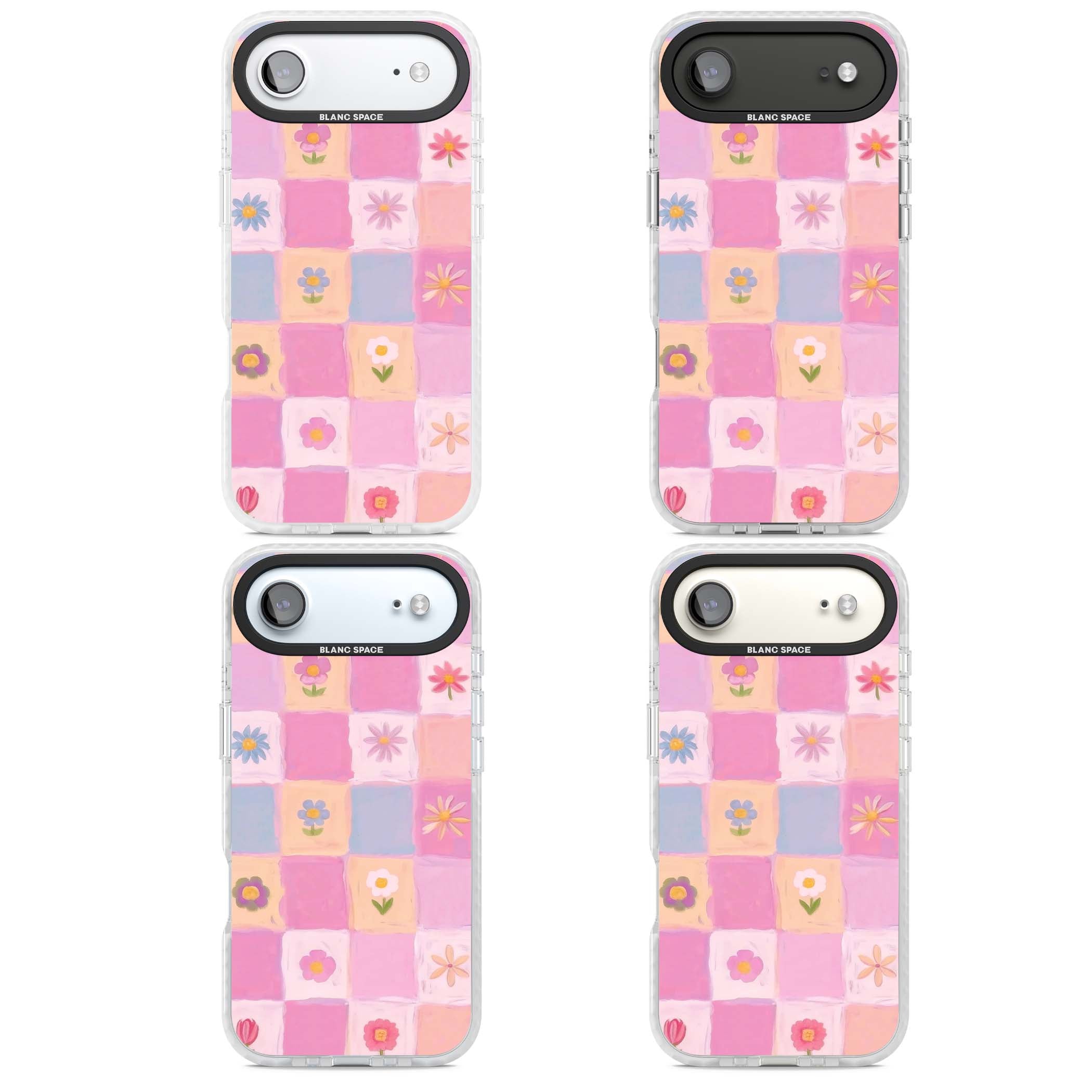 Pastel Flower Patchwork cottagecore iPhone case featuring painted pink and lilac squares with daisies and wildflowers | Black Impact case for iPhone Air