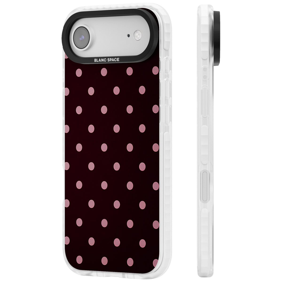 Merlot Dots polka dot iPhone case featuring dusty pink spots on a deep burgundy background in a retro grid iPhone Air / iPhone 17 Air Impact Clear Phone Case side