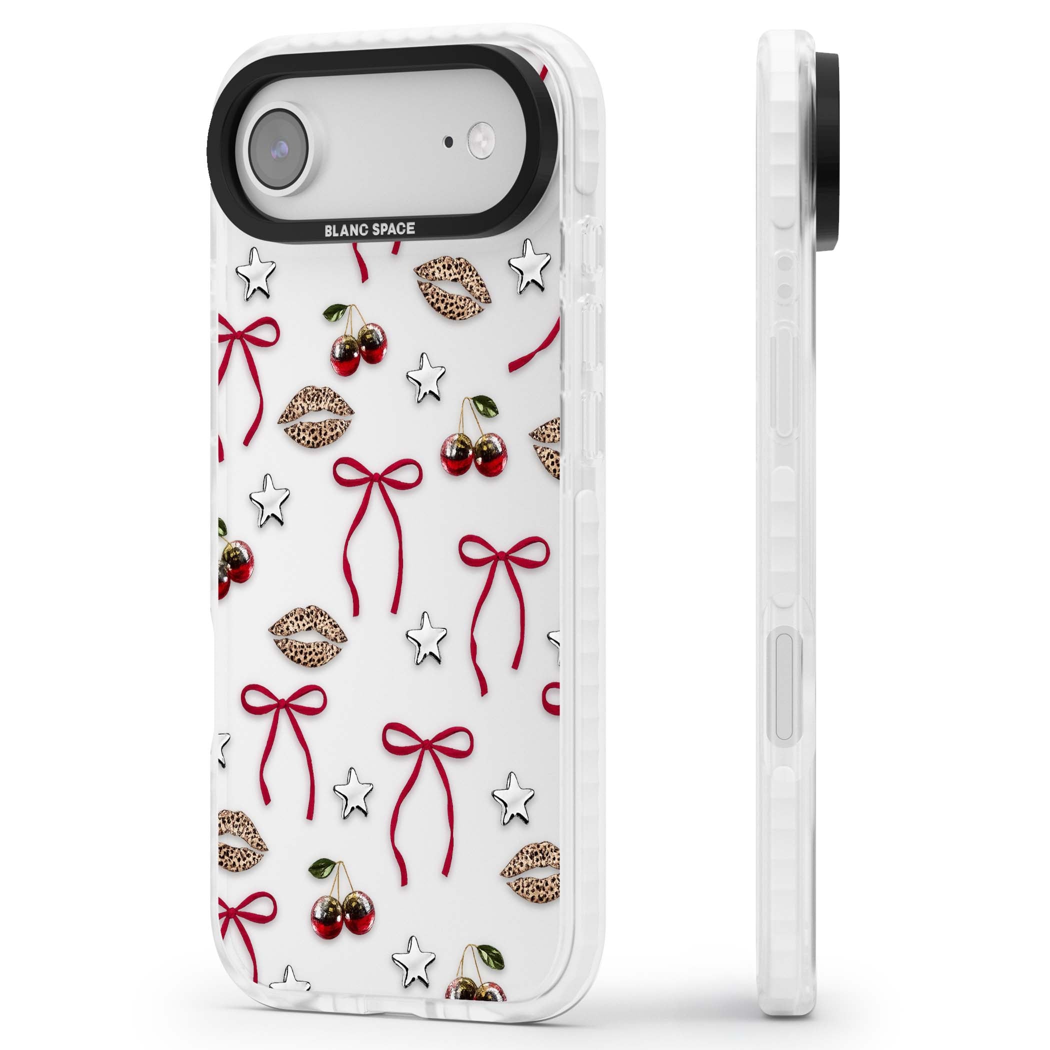 Starlet coquette iPhone case featuring red ribbon bows, disco cherries and leopard-print lips | Black Impact case for iPhone Air