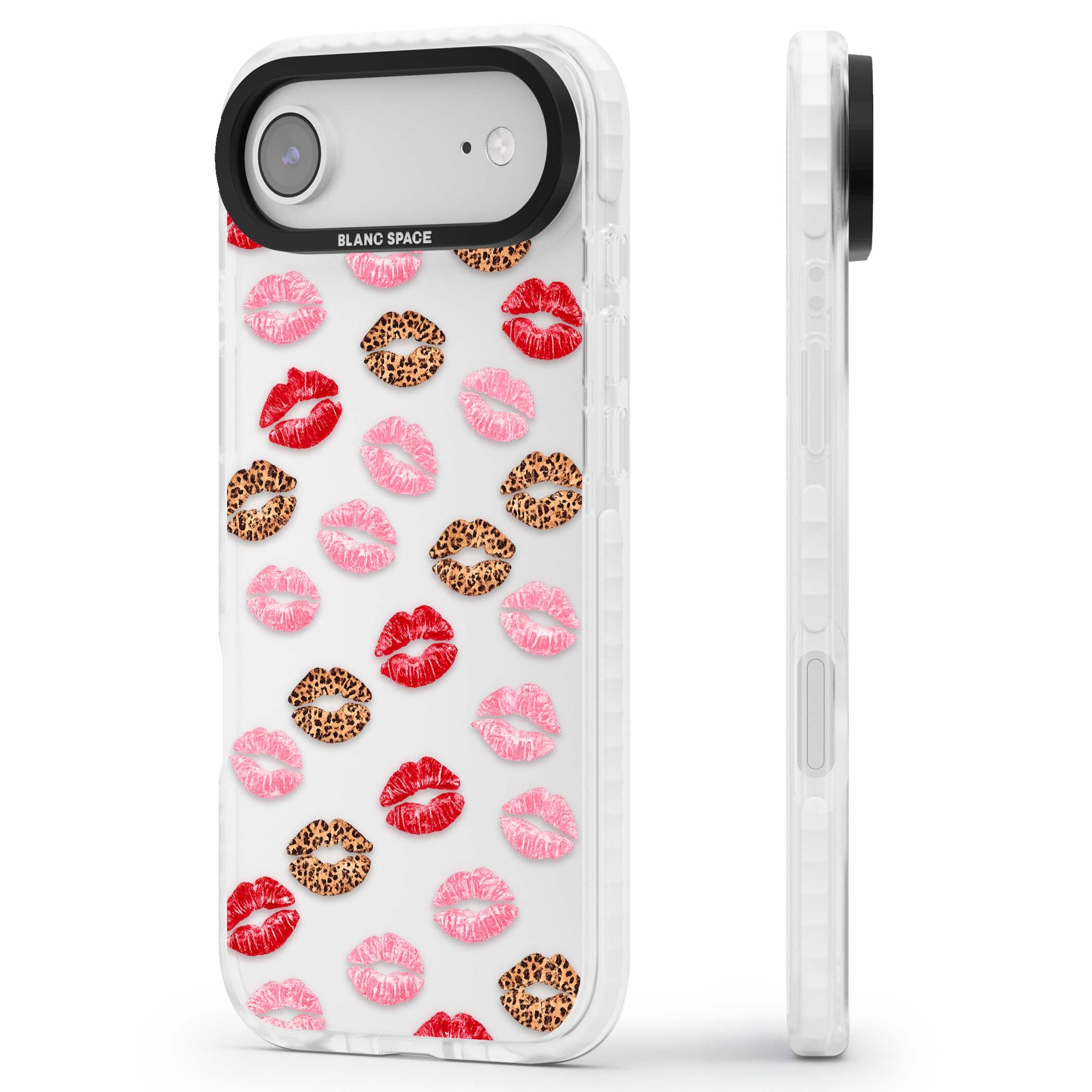 Wild Kisses coquette iPhone case featuring red, pink and leopard print lipstick kiss marks on a clear background | Black Impact case for iPhone Air
