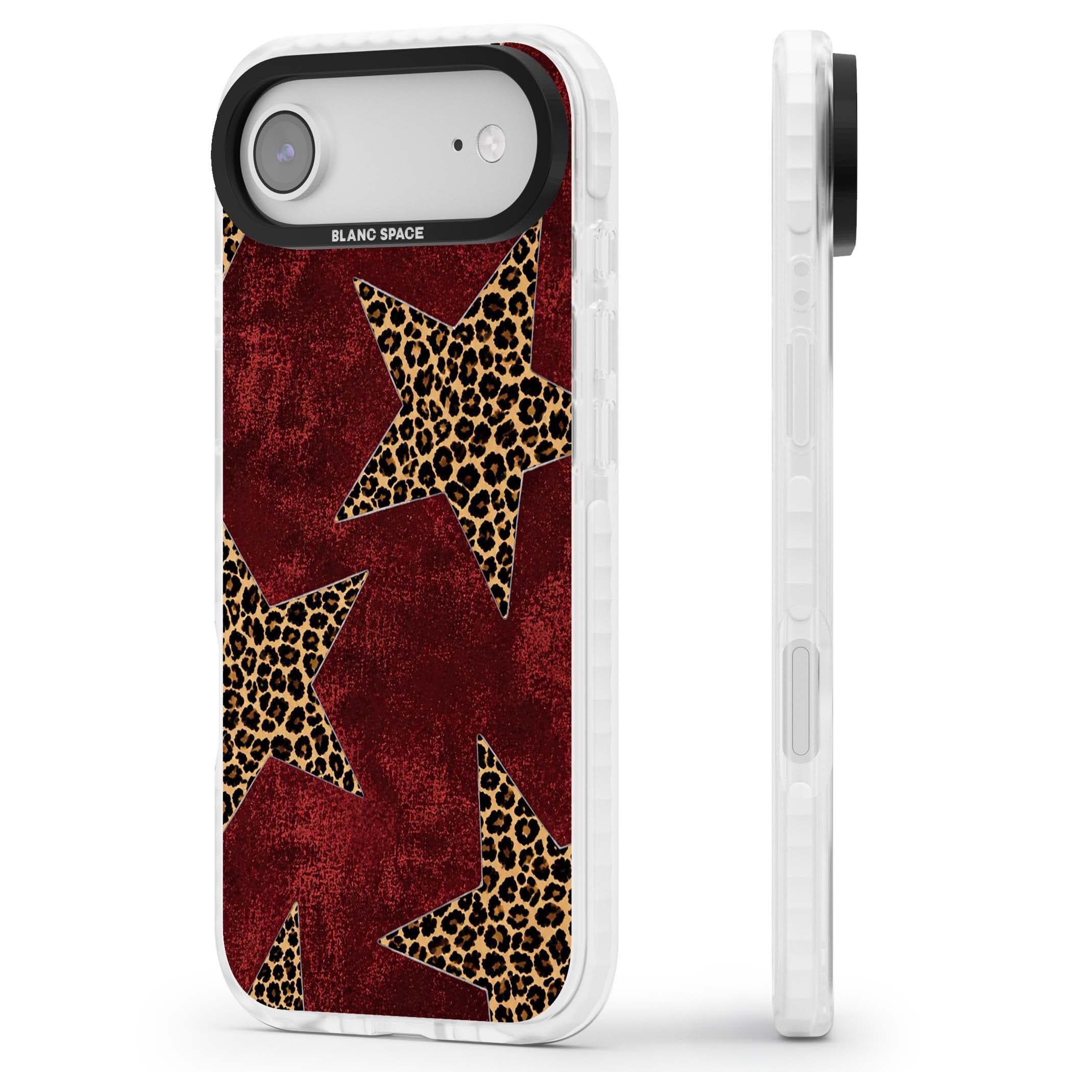 Showgirl leopard print iPhone case featuring cheetah print stars on distressed red grunge background | Black Impact case for iPhone Air
