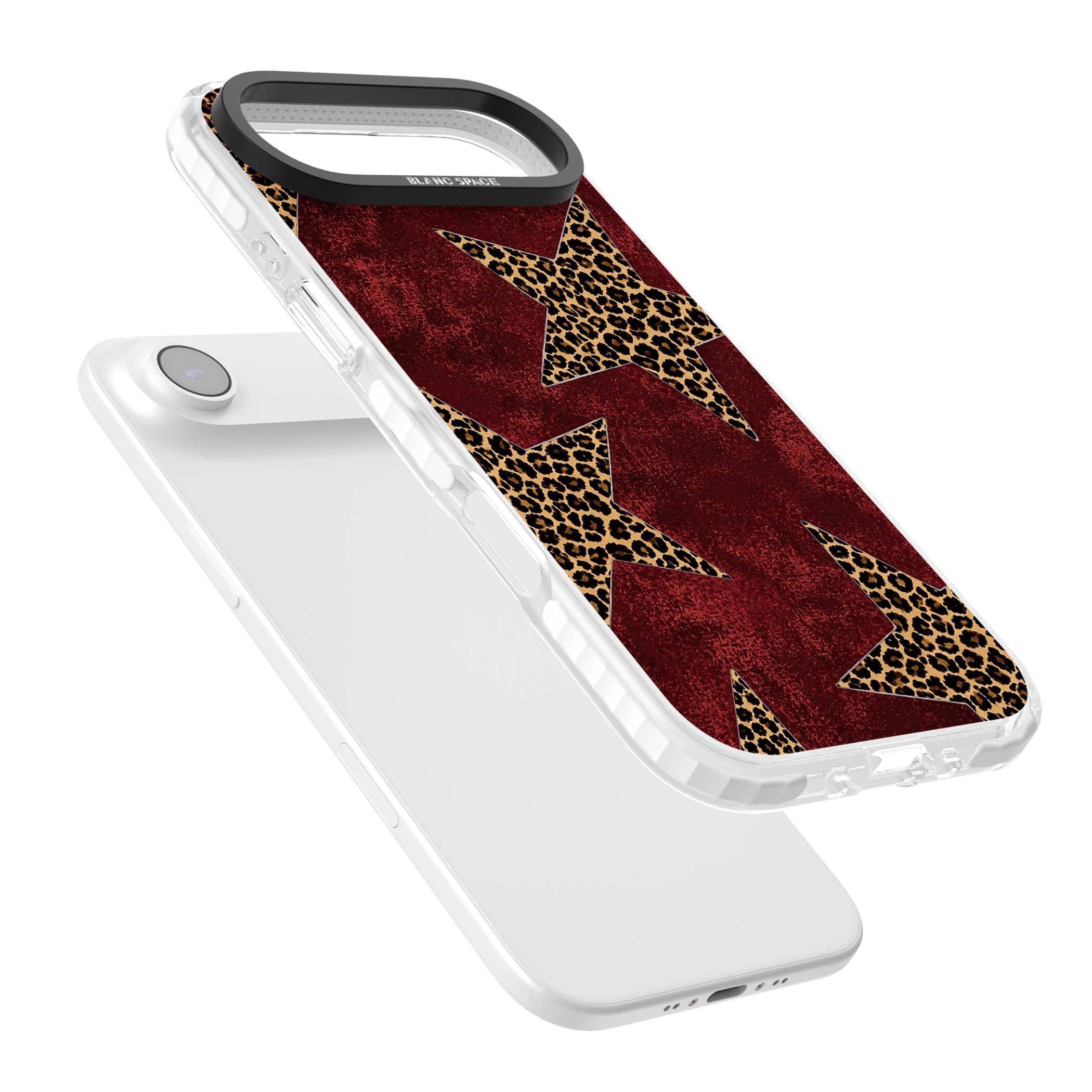Showgirl leopard print iPhone case featuring cheetah print stars on distressed red grunge background | Black Impact case for iPhone Air