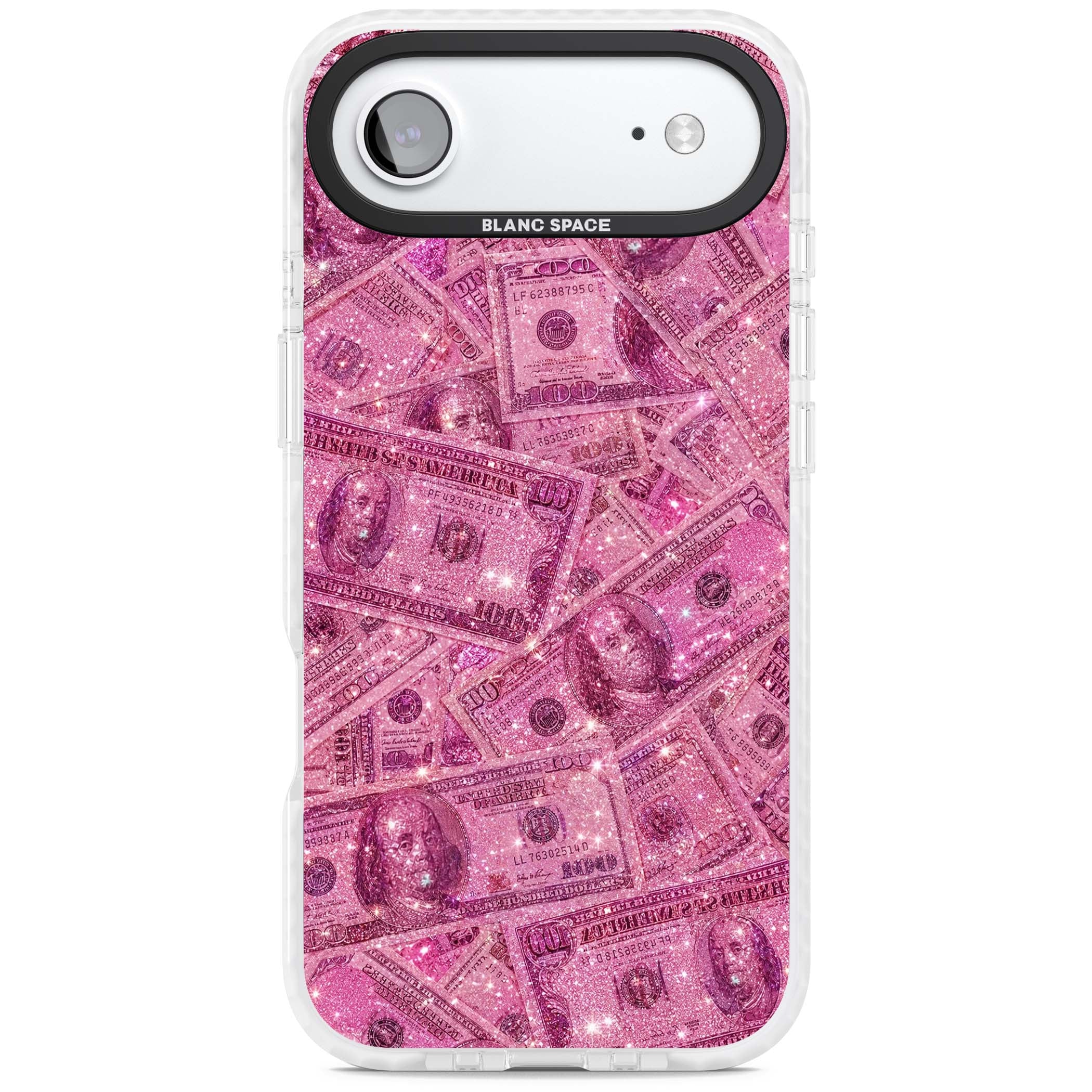 Glamorous baddie iPhone case featuring pink glitter hundred dollar bills and sparkling money wallpaper design | Black Impact case for iPhone Air
