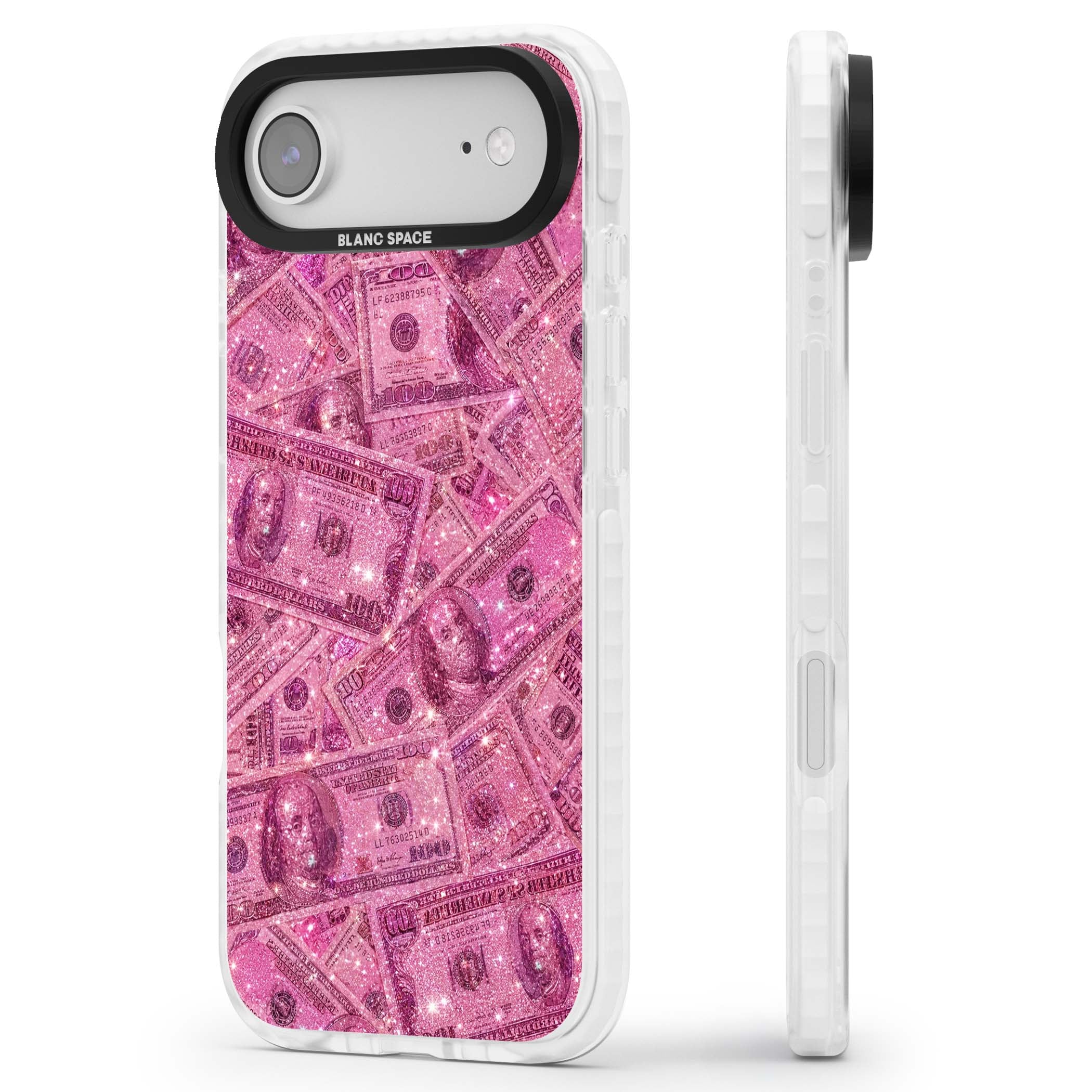 Glamorous baddie iPhone case featuring pink glitter hundred dollar bills and sparkling money wallpaper design | Black Impact case for iPhone Air