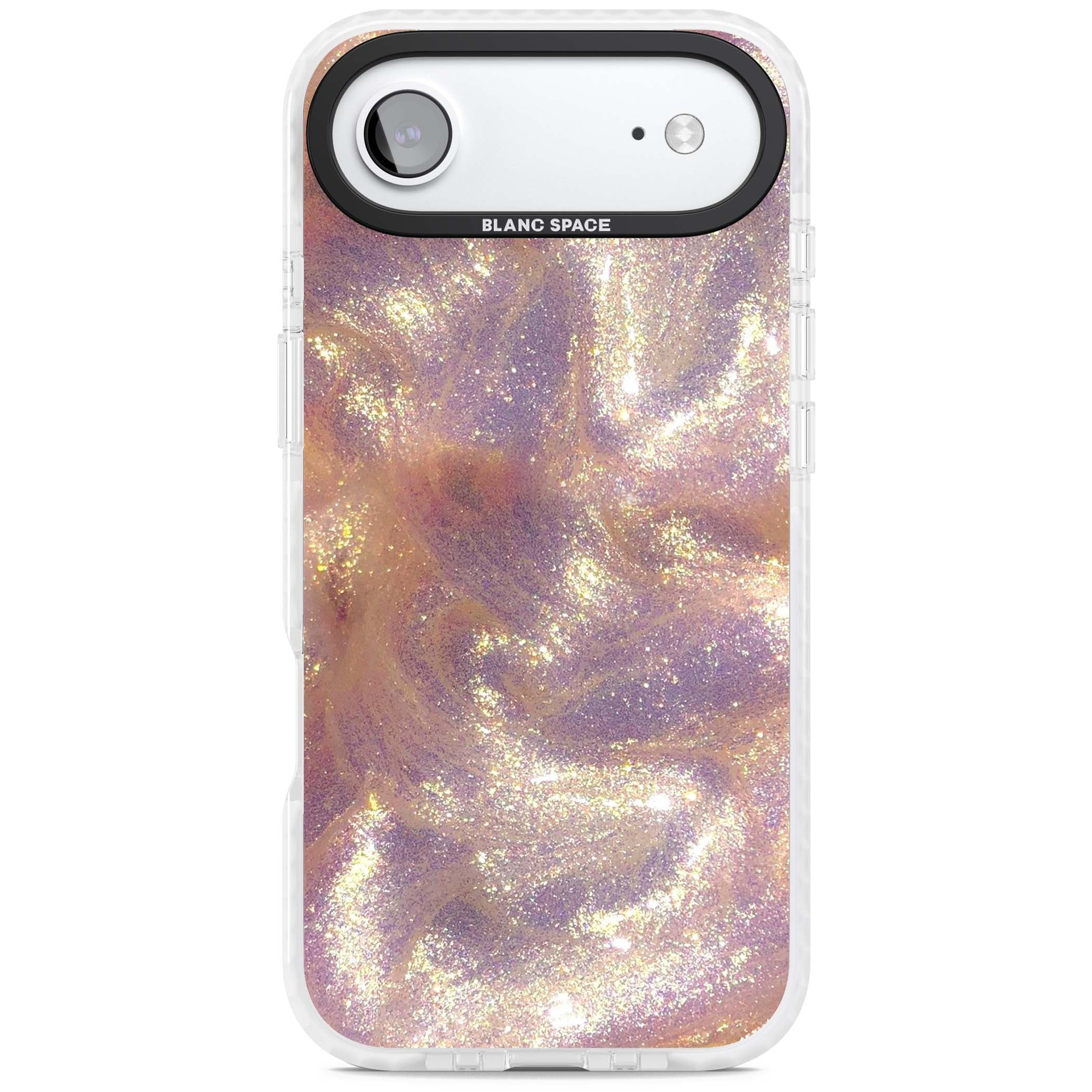 Shimmer marble iPhone case featuring rose gold glitter swirls, lilac shimmer and iridescent pearl finish | Black Impact case for iPhone Air