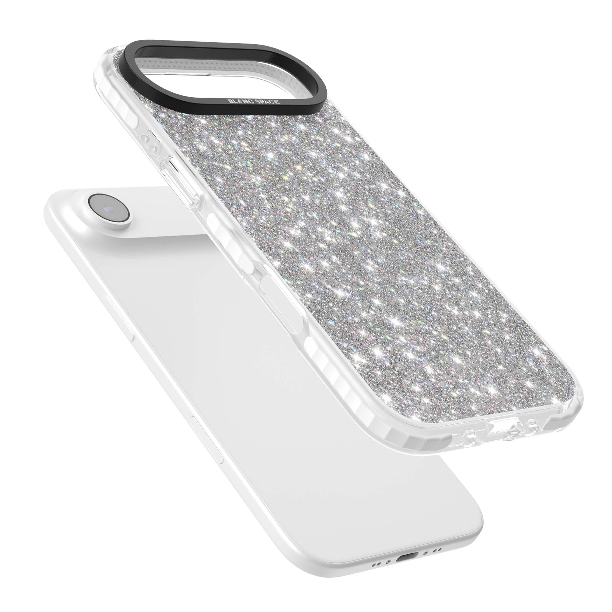 Diamond glam iPhone case featuring silver glitter sparkle and shimmering diamond dust effect | Black Impact case for iPhone Air