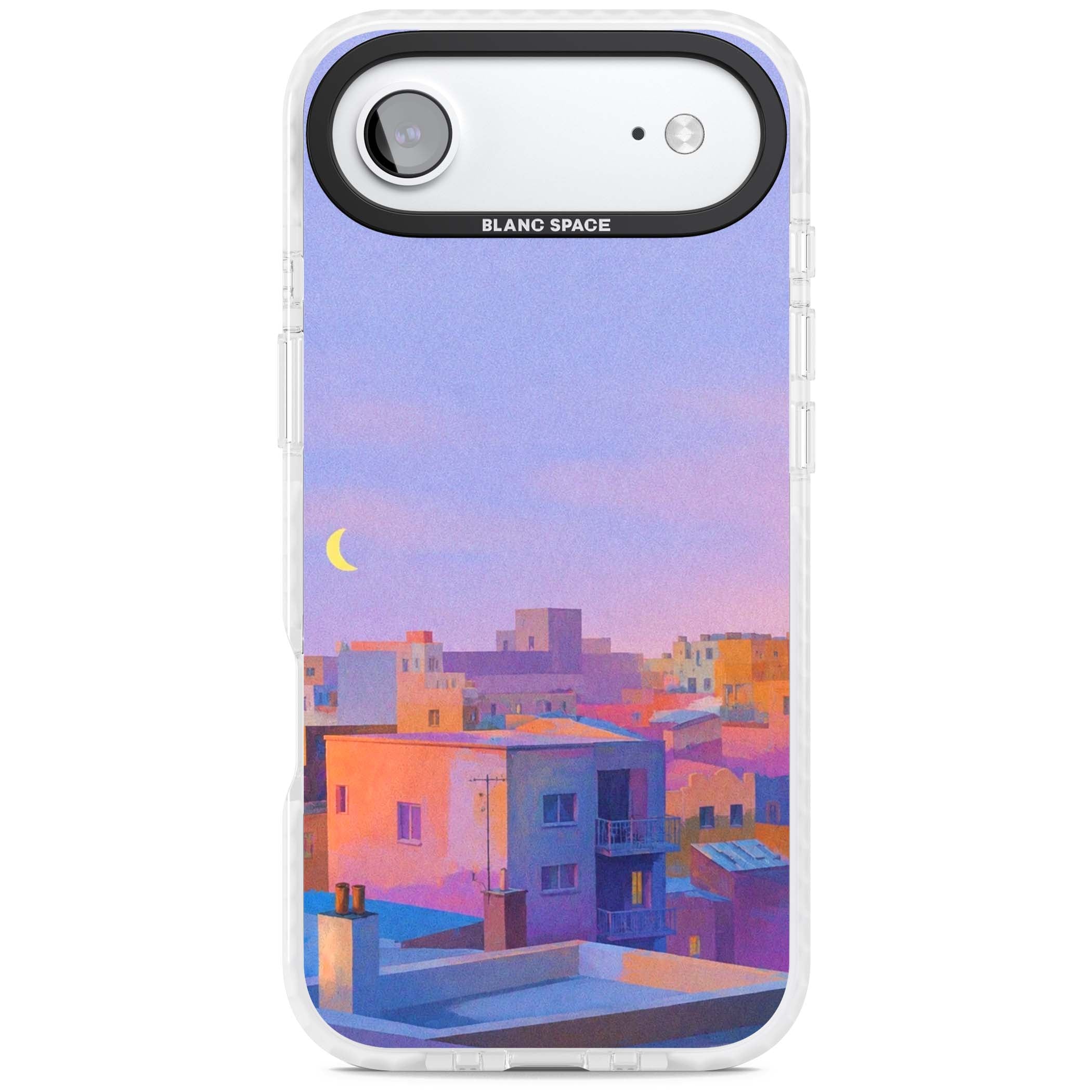 Twilight Rooftops vaporwave iPhone case featuring a pastel sunset cityscape, painted rooftops and a crescent moon. | Black Impact case for iPhone Air