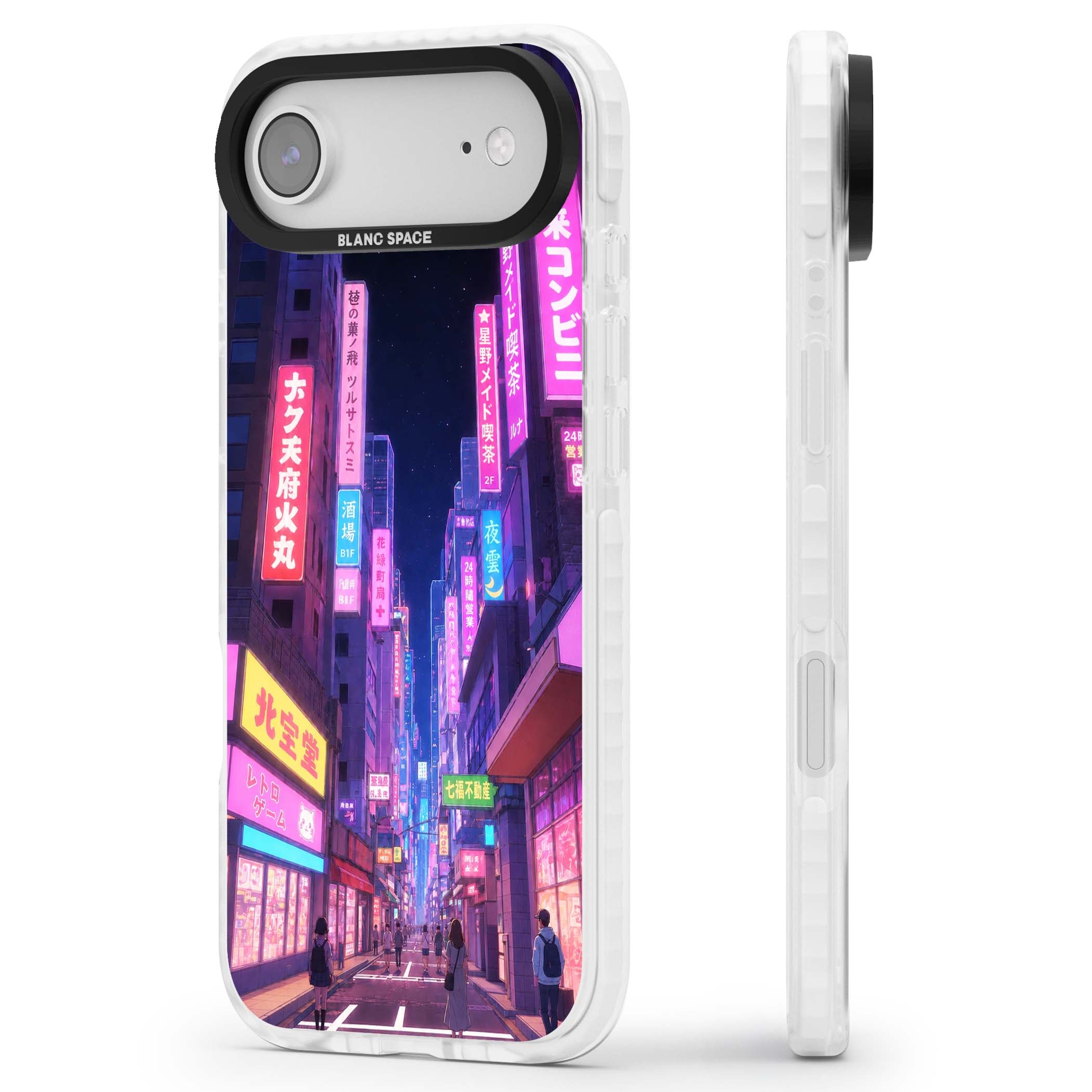 Shibuya At Night Japanese neon city iPhone case featuring glowing kanji signs, pink storefronts and a Tokyo street at n | Black Impact case for iPhone Air
