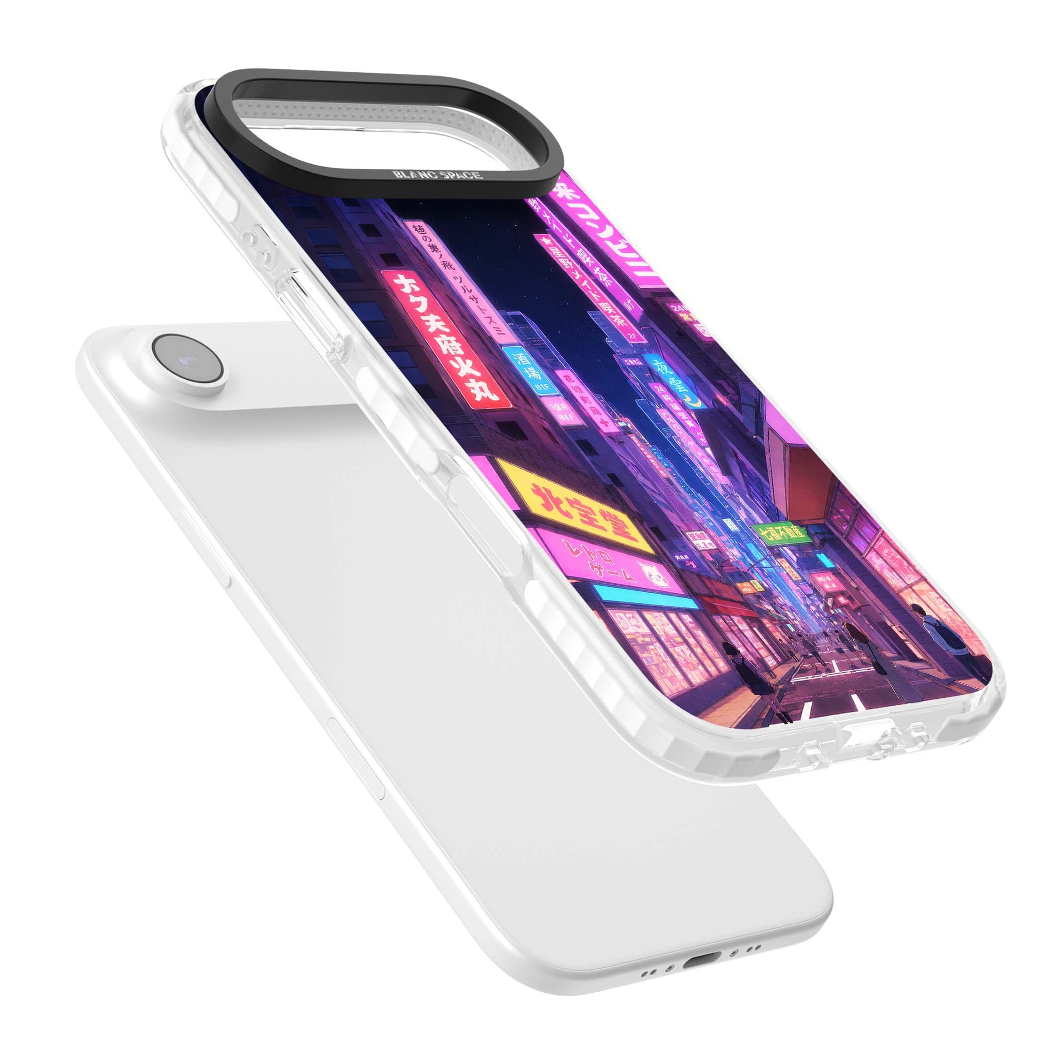 Shibuya At Night Japanese neon city iPhone case featuring glowing kanji signs, pink storefronts and a Tokyo street at n | Black Impact case for iPhone Air