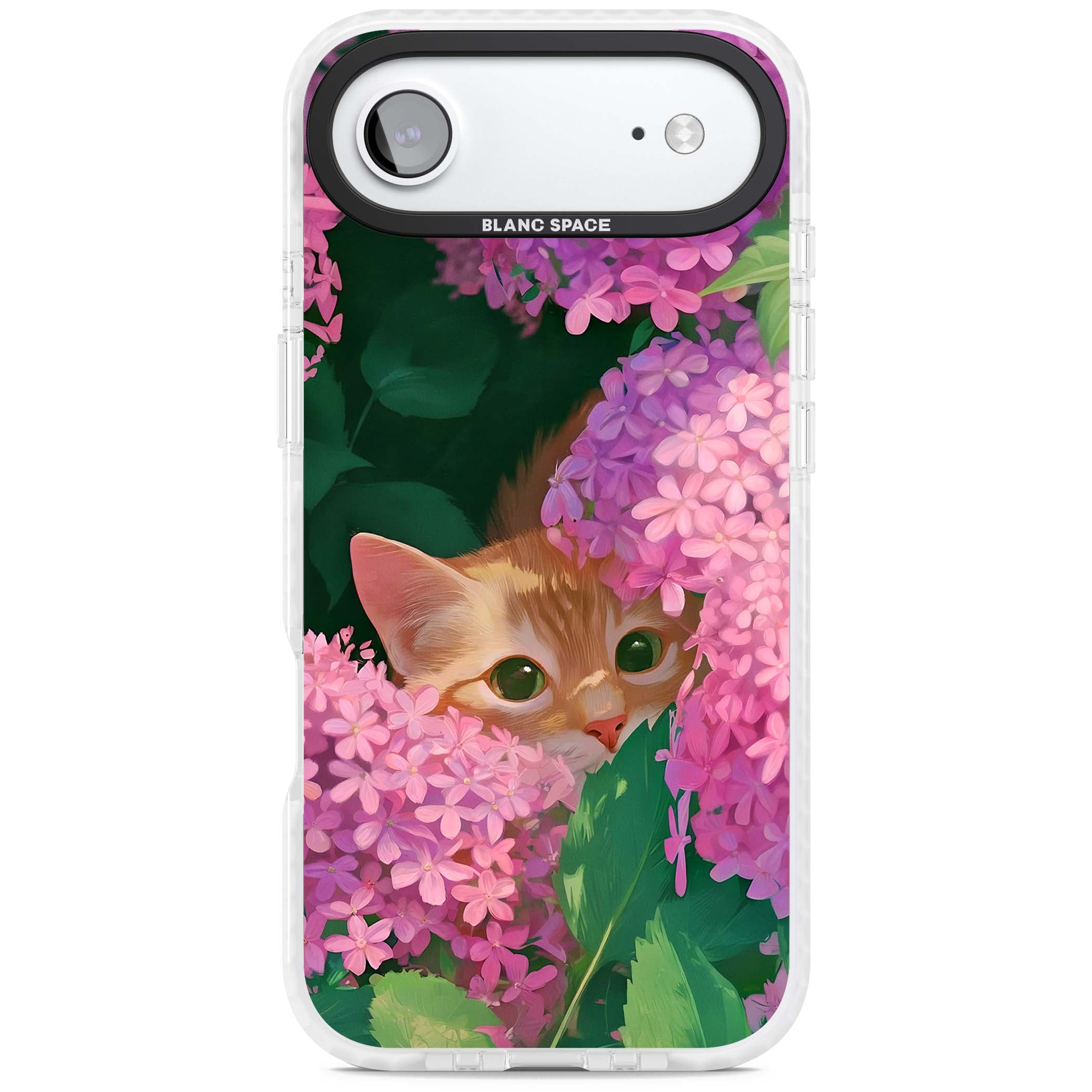 Cat In Pink Flowers cottagecore iPhone case featuring a ginger kitten peeking through lilac and pink hydrangea flo | Black Impact case for iPhone Air