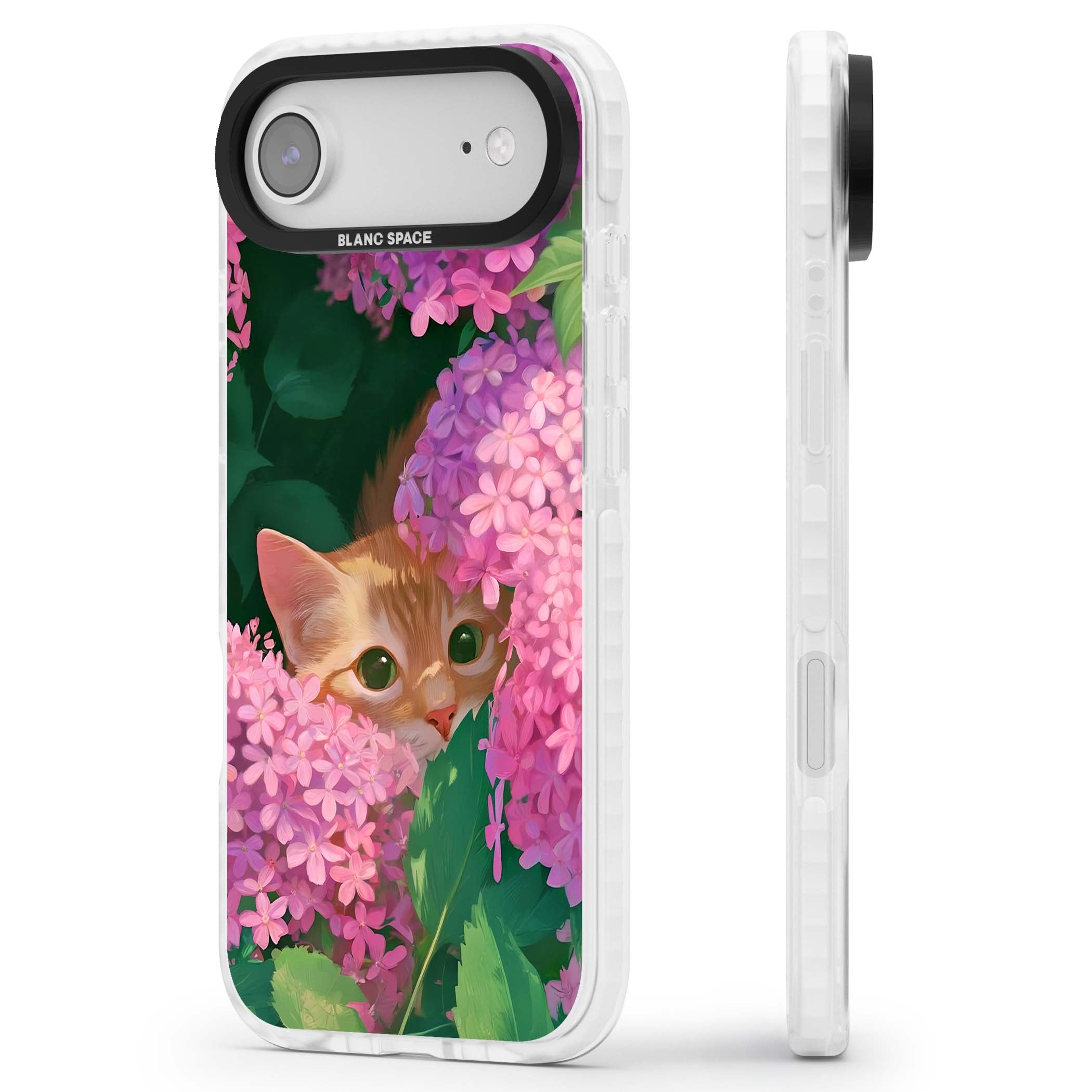 Cat In Pink Flowers cottagecore iPhone case featuring a ginger kitten peeking through lilac and pink hydrangea flo | Black Impact case for iPhone Air