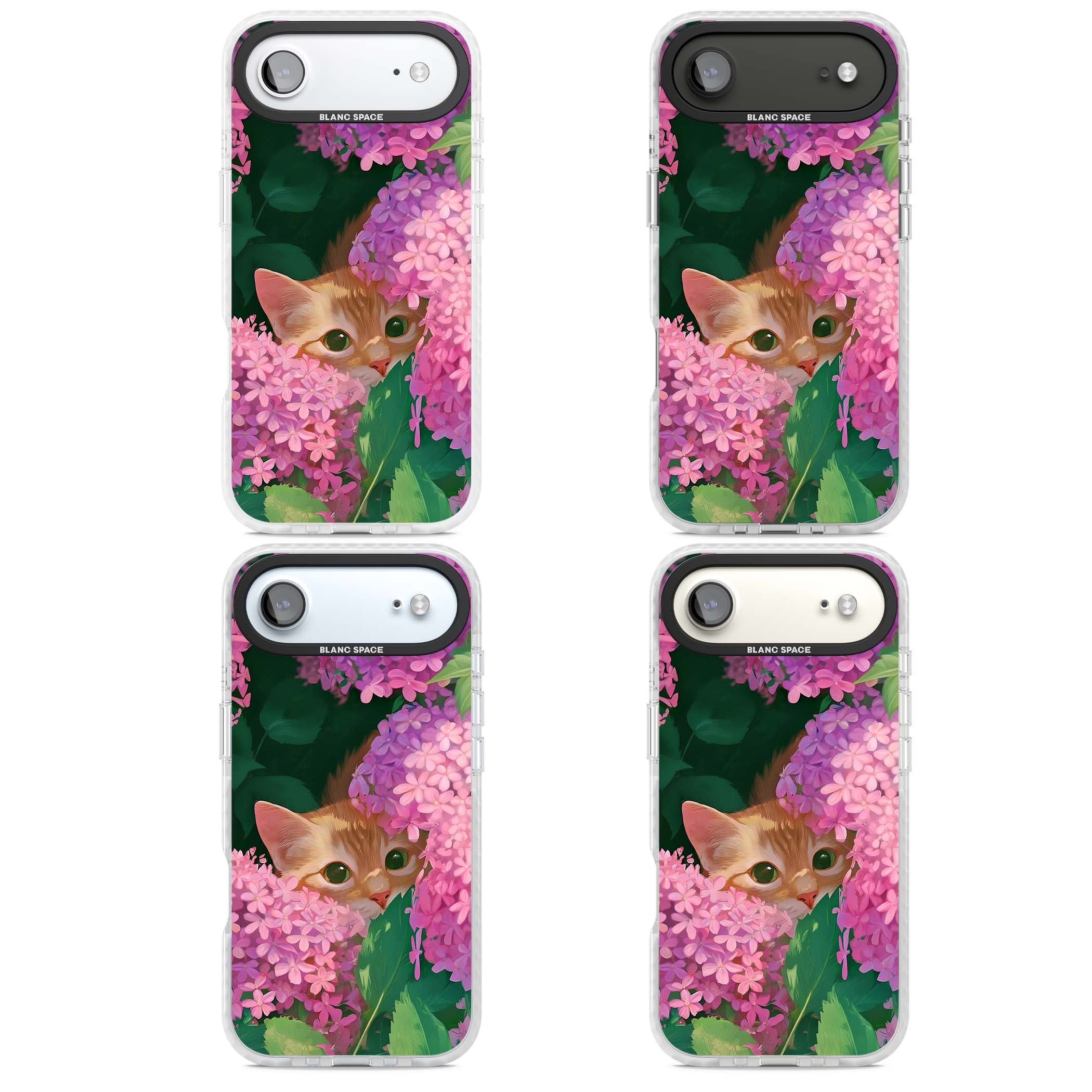Cat In Pink Flowers cottagecore iPhone case featuring a ginger kitten peeking through lilac and pink hydrangea flo | Black Impact case for iPhone Air