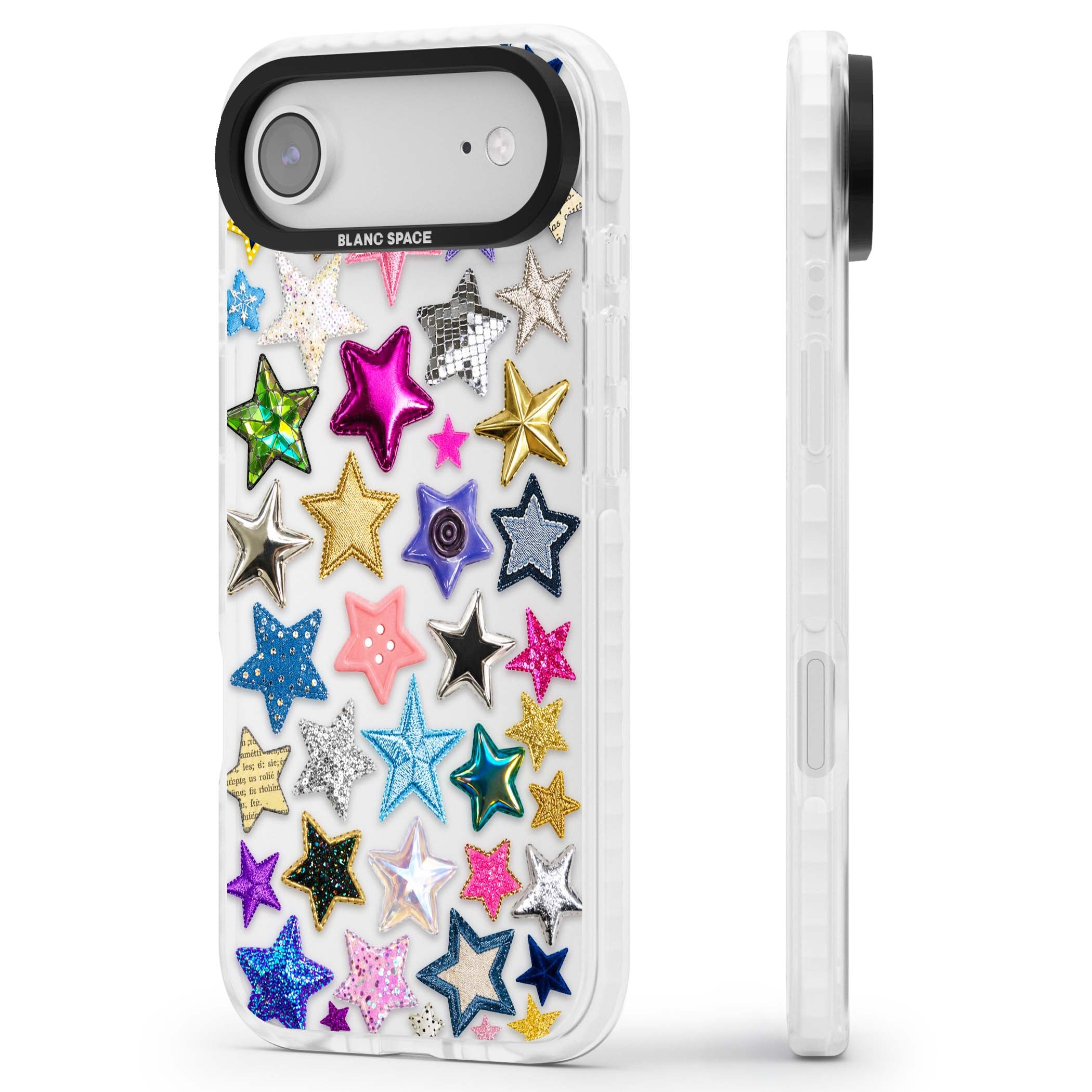 Crafty Star Mix Y2K iPhone case featuring embroidered, sequinned and glitter star patches in rainbow colours | Black Impact case for iPhone Air