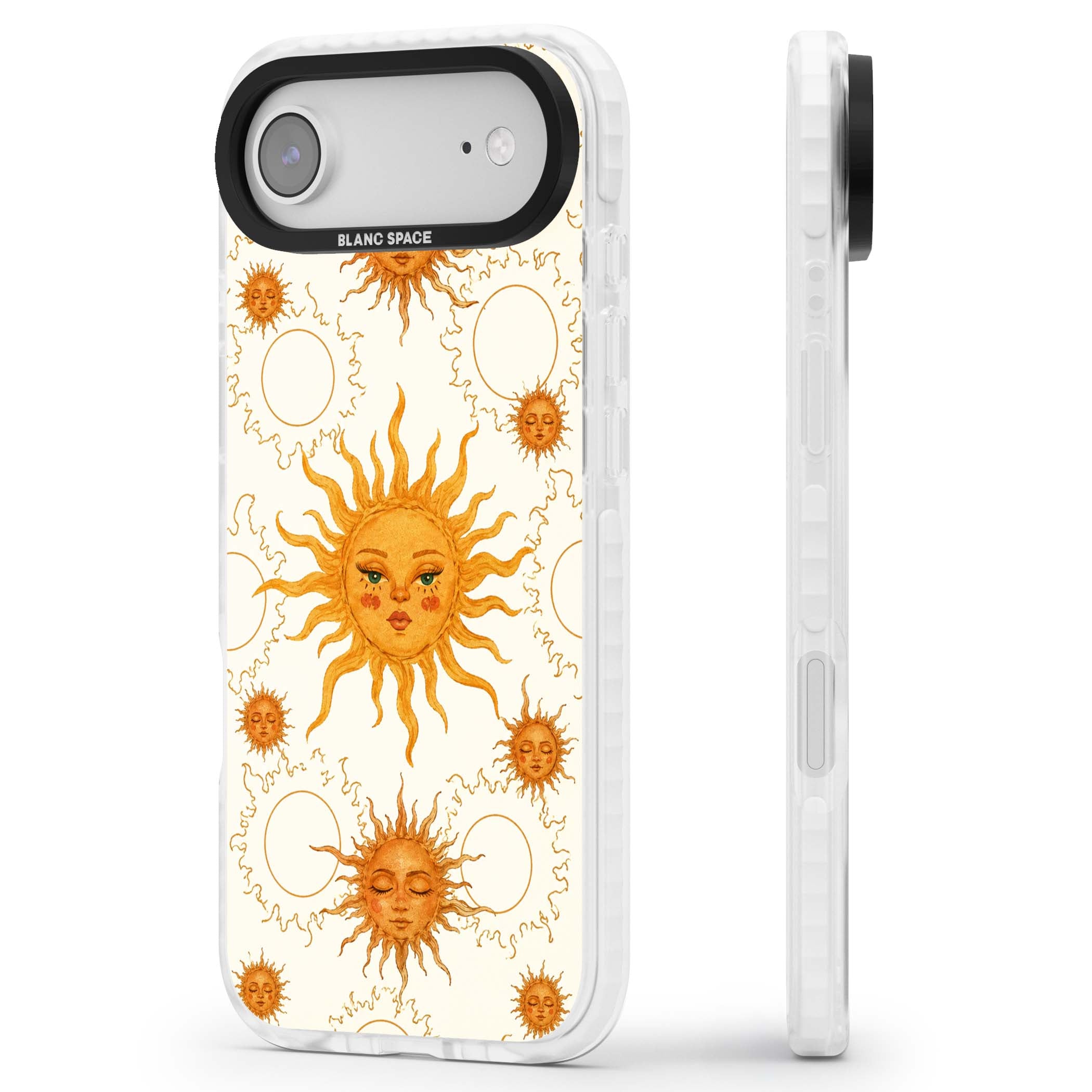Solstice Muse celestial iPhone case featuring hand-painted golden sun faces, closed-eye sun goddesses and outlined moons... | Black Impact case for iPhone Air