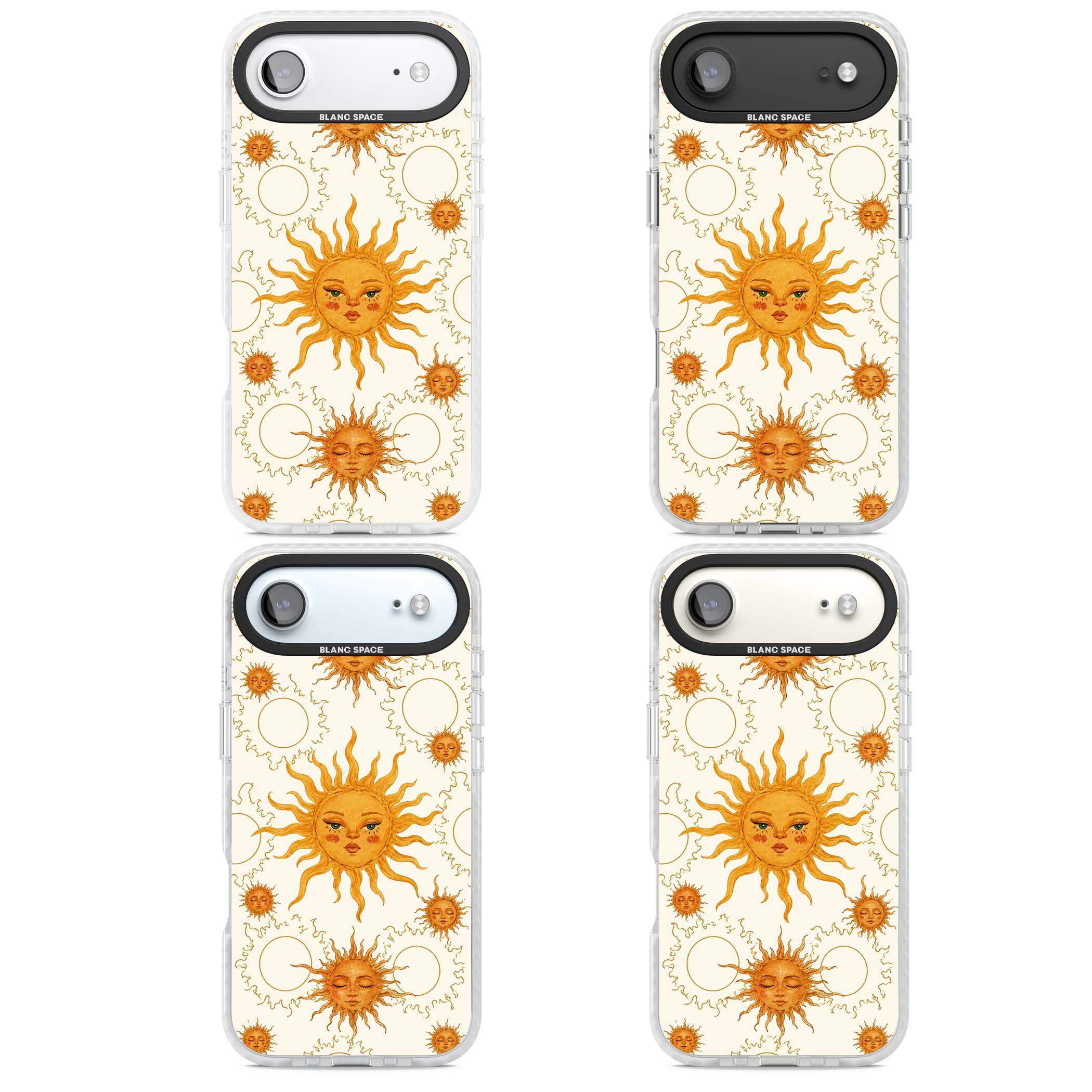 Solstice Muse celestial iPhone case featuring hand-painted golden sun faces, closed-eye sun goddesses and outlined moons... | Black Impact case for iPhone Air