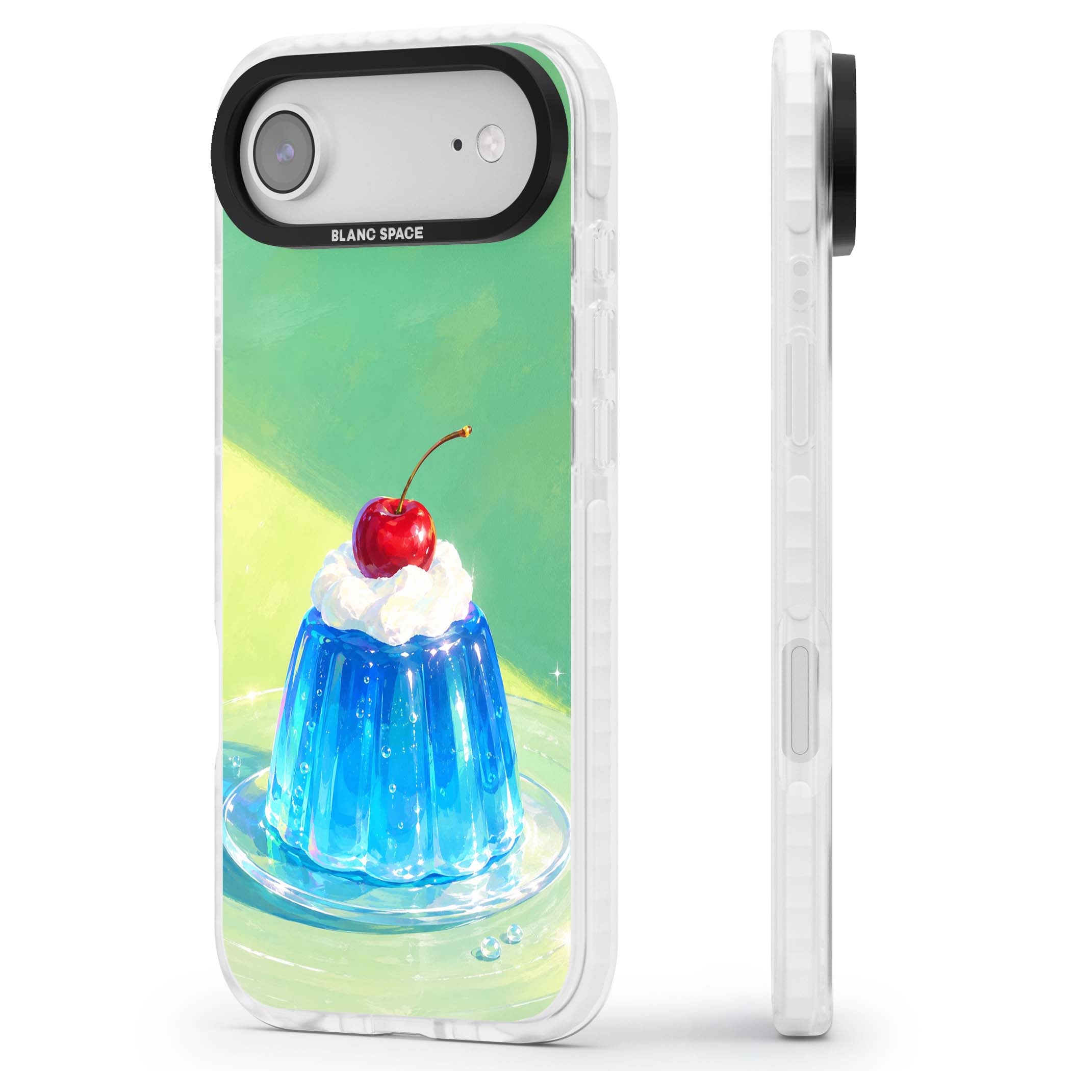 Cherry Jelly kawaii dessert iPhone case featuring blue jelly pudding, whipped cream and a red cherry | Black Impact case for iPhone Air