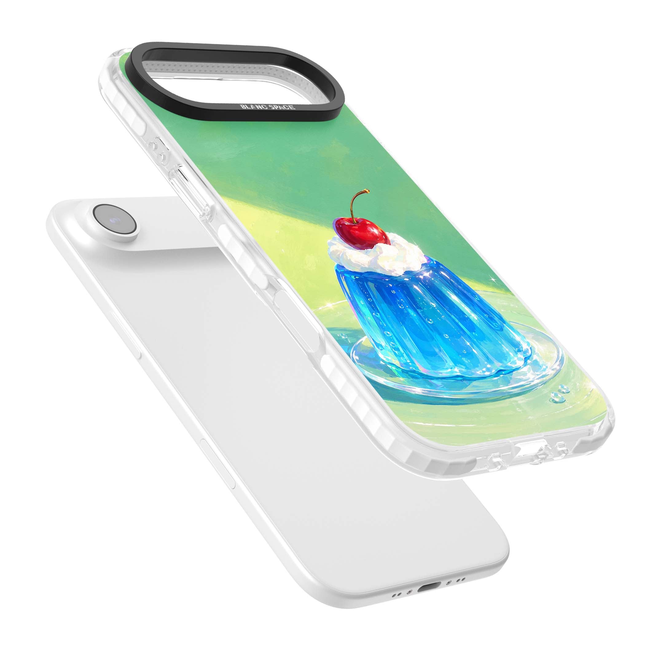 Cherry Jelly kawaii dessert iPhone case featuring blue jelly pudding, whipped cream and a red cherry | Black Impact case for iPhone Air