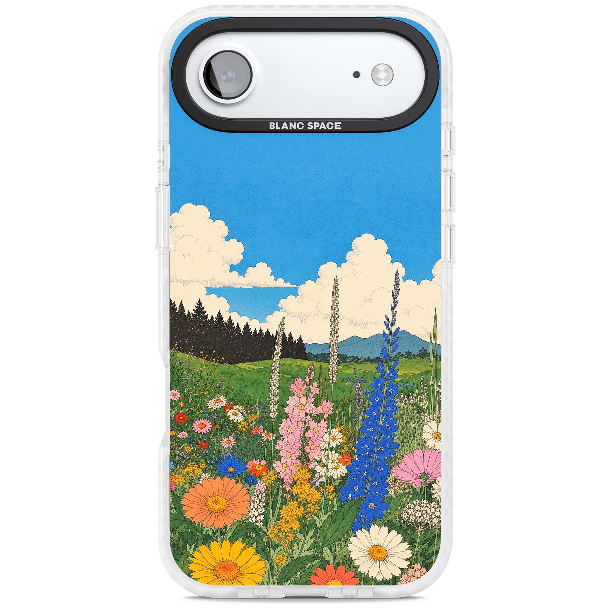 Wildbloom wildflower iPhone case featuring a vintage Japanese-style meadow landscape with daisies, delphiniums and moun | Black Impact case for iPhone Air