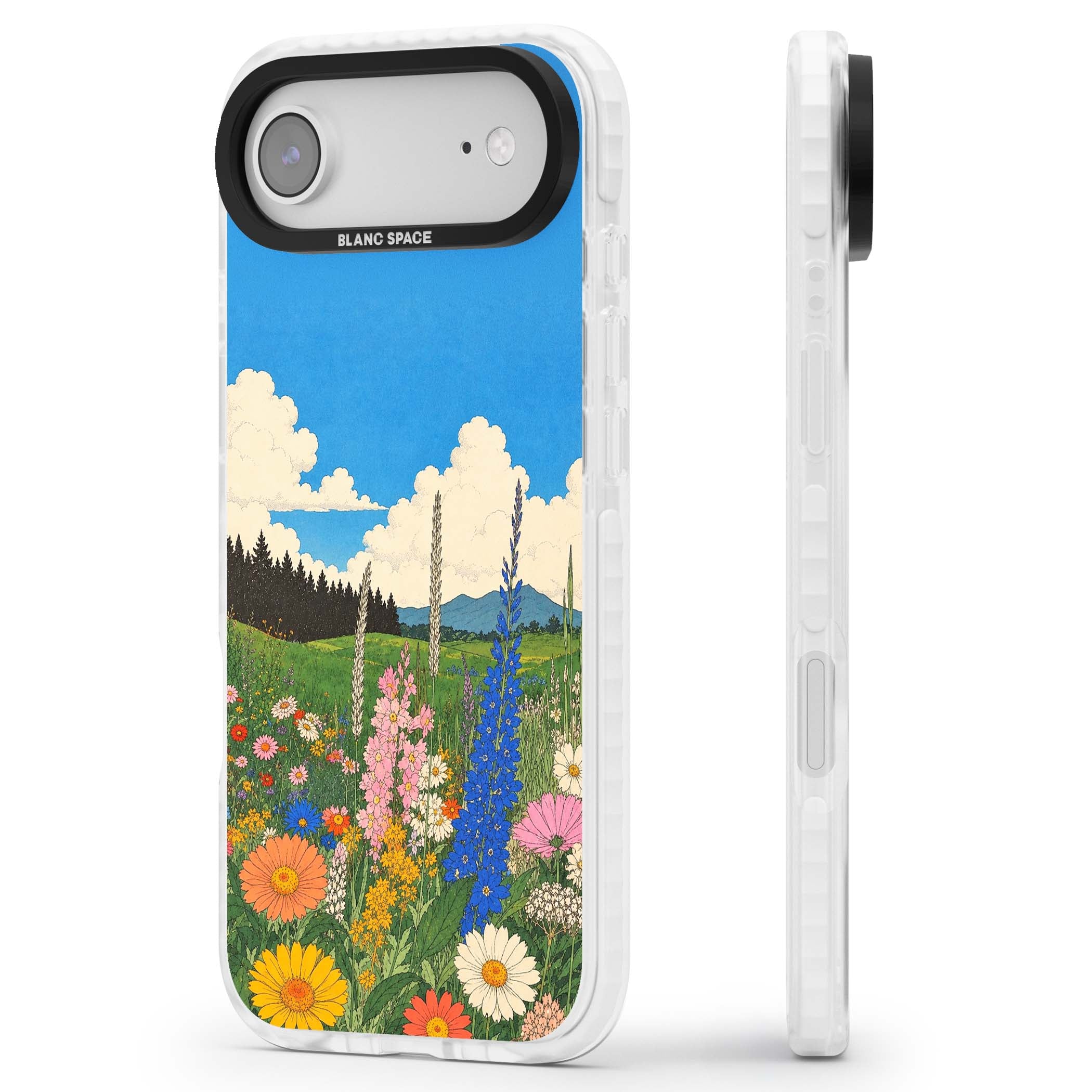Wildbloom wildflower iPhone case featuring a vintage Japanese-style meadow landscape with daisies, delphiniums and moun | Black Impact case for iPhone Air