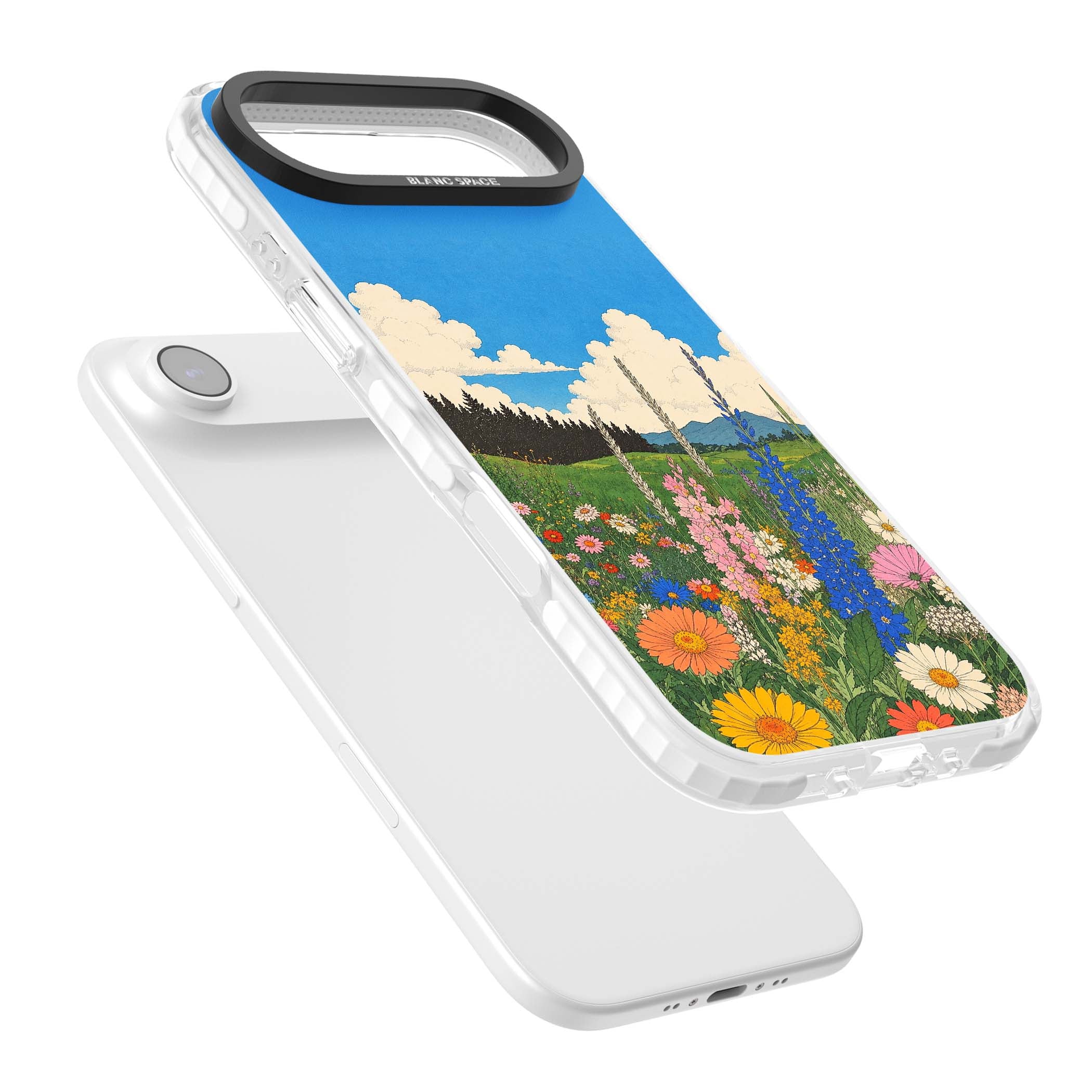 Wildbloom wildflower iPhone case featuring a vintage Japanese-style meadow landscape with daisies, delphiniums and moun | Black Impact case for iPhone Air