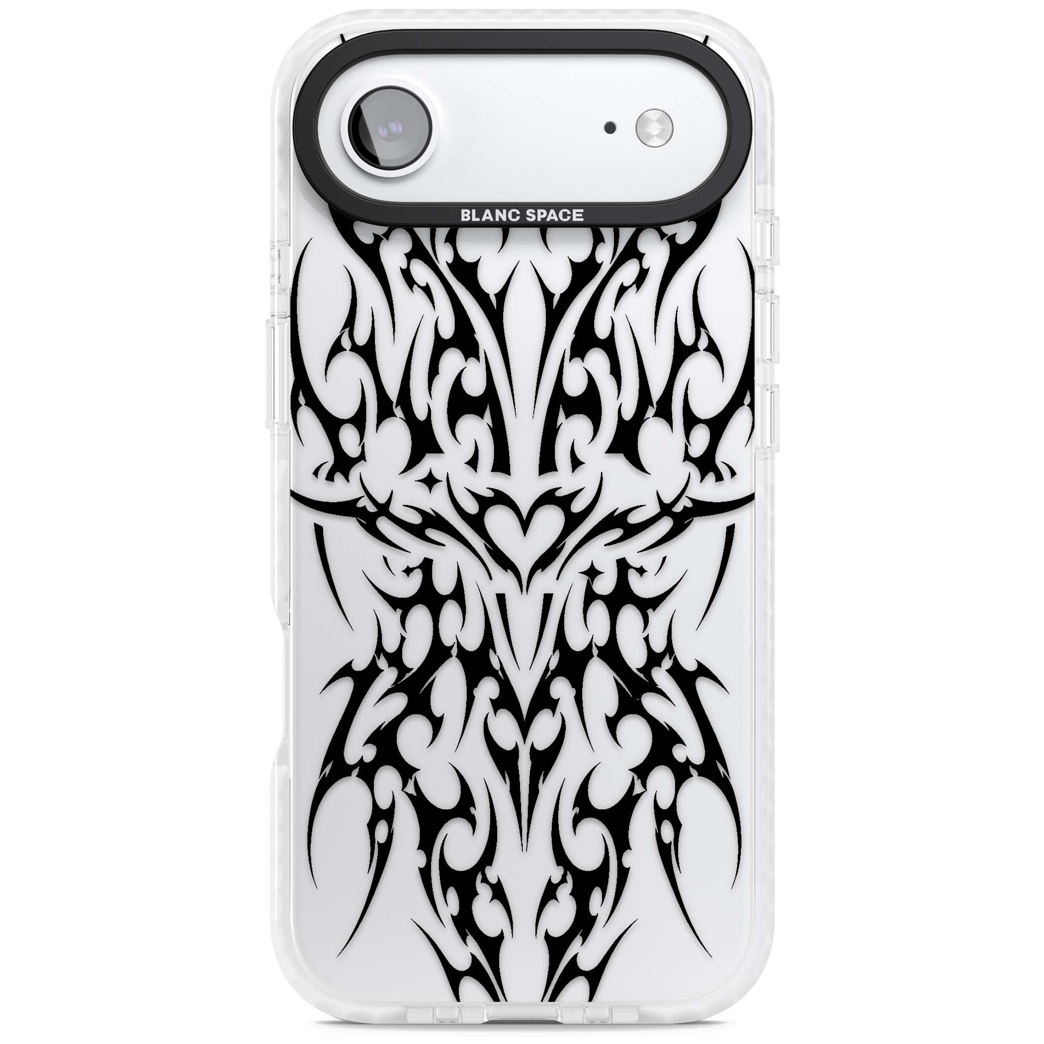 Neo Tribal Heart gothic iPhone case featuring symmetrical black tribal tattoo art with sharp thorn-like linework | Black Impact case for iPhone Air