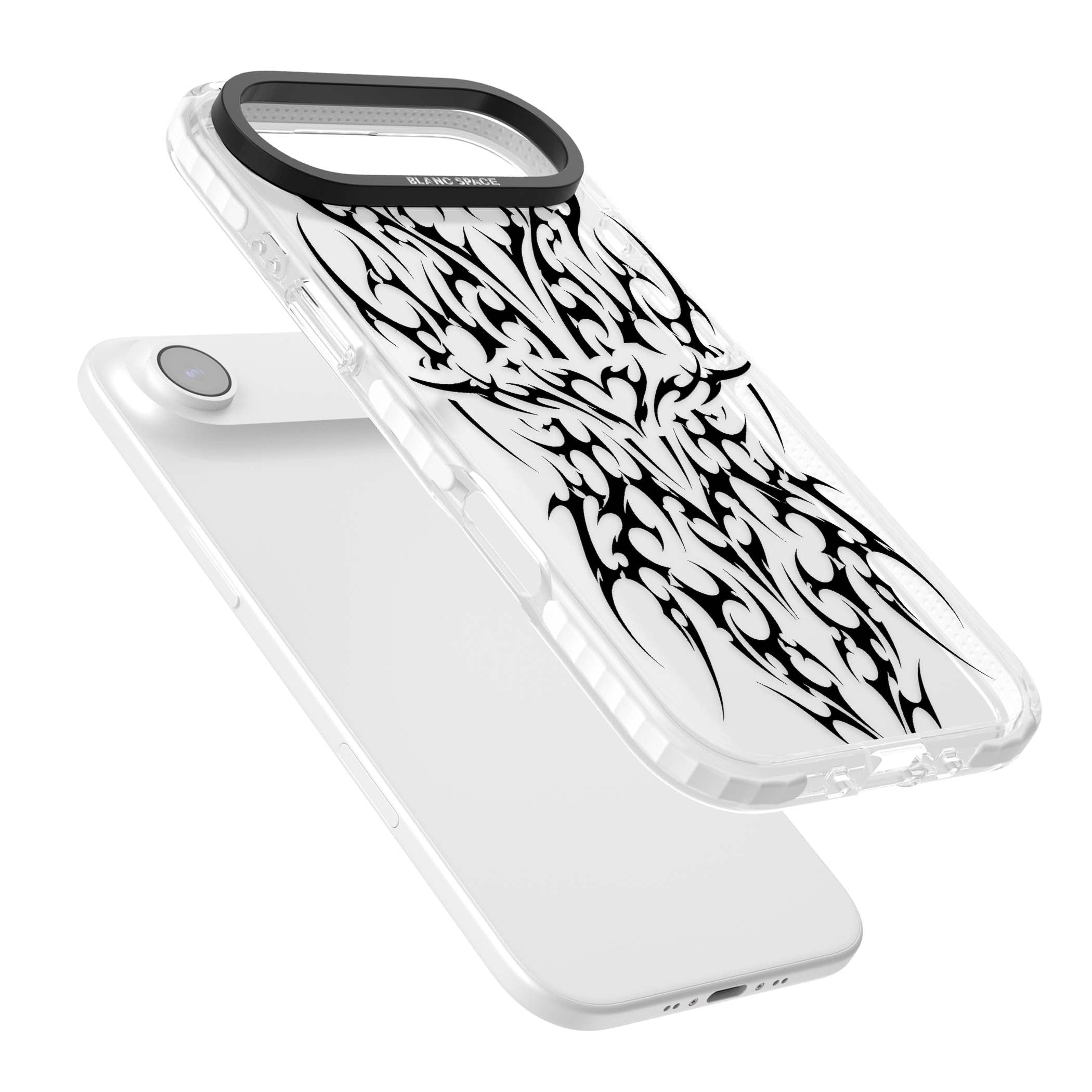 Neo Tribal Heart gothic iPhone case featuring symmetrical black tribal tattoo art with sharp thorn-like linework | Black Impact case for iPhone Air
