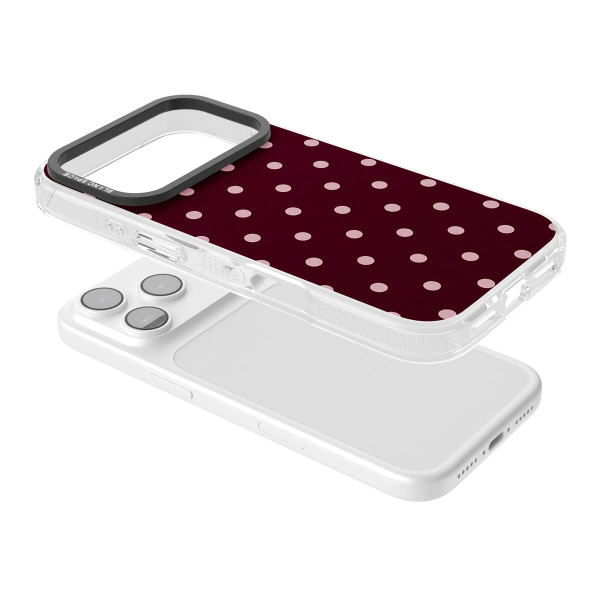 Merlot Dots polka dot iPhone case featuring dusty pink spots on a deep burgundy background in a retro grid iPhone 17 Pro Impact Air Phone Case angled