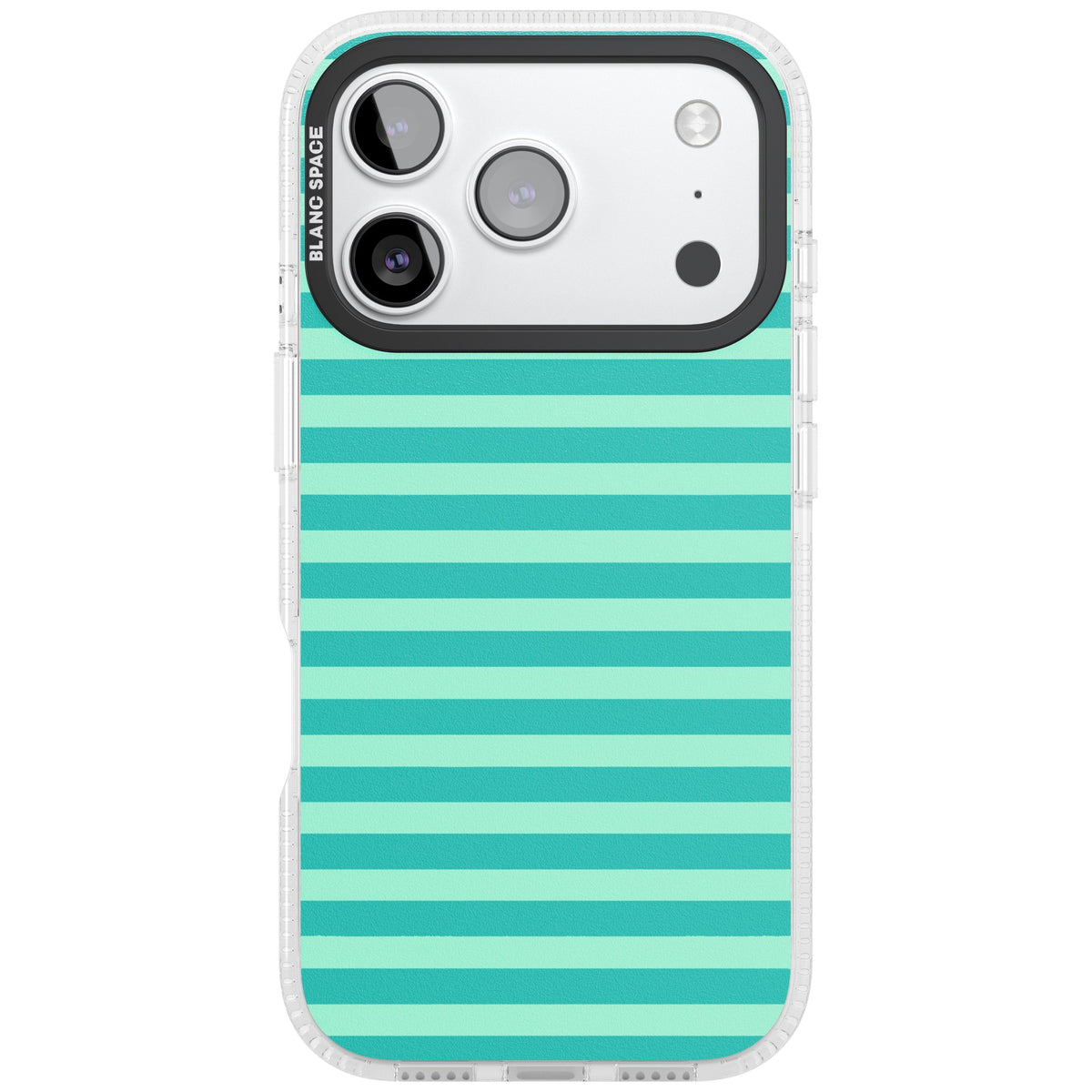 Turquoise Stripe preppy iPhone case featuring horizontal teal and mint green stripes on a black protective frame iPhone 17 Pro Impact Air Phone Case front